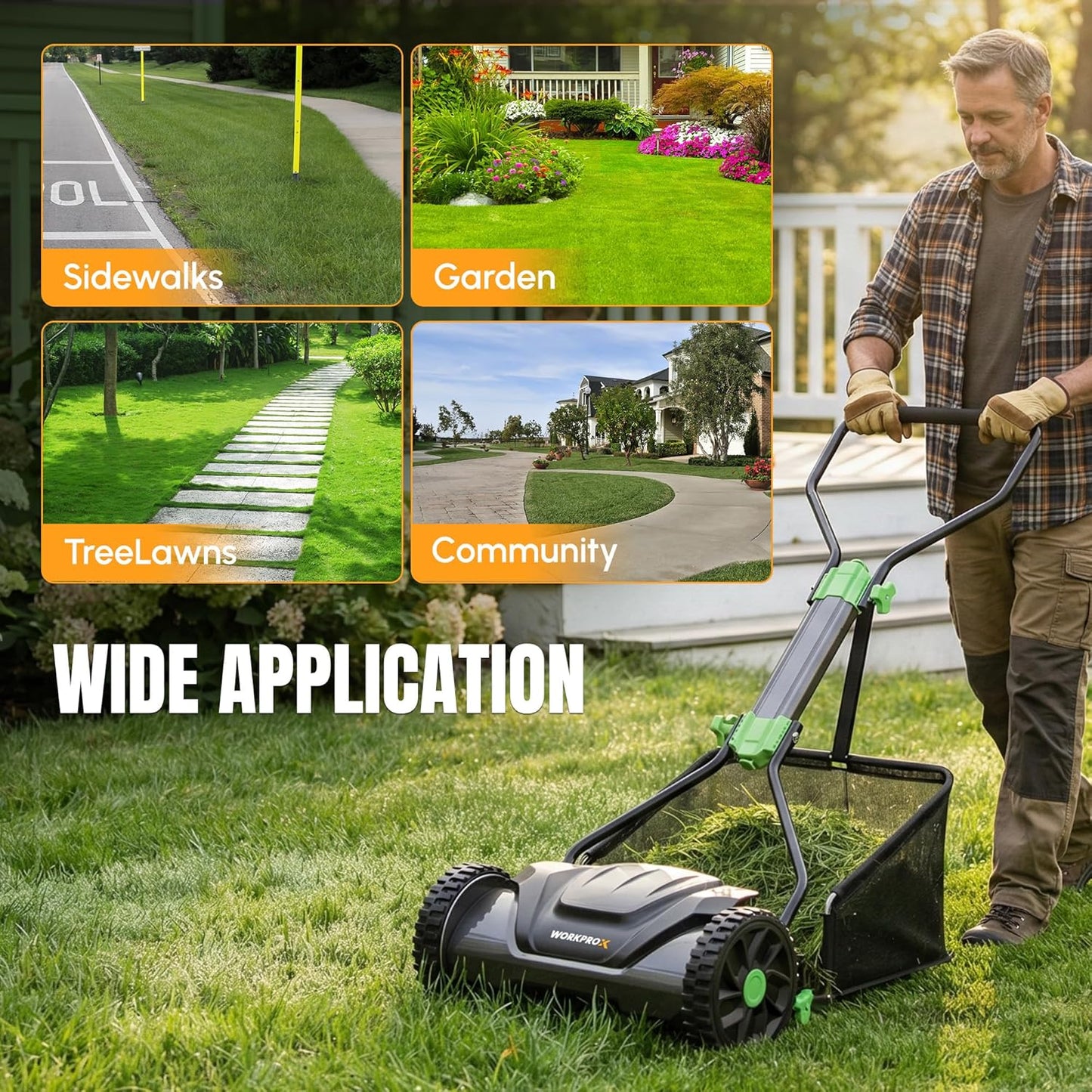WORKPROX 16-Inch Push Reel Lawn Mower, Adjustable Height 5-Blade Reel Mower with Removable 8-Gallon Grass Catcher for Yards and Gardens, Black