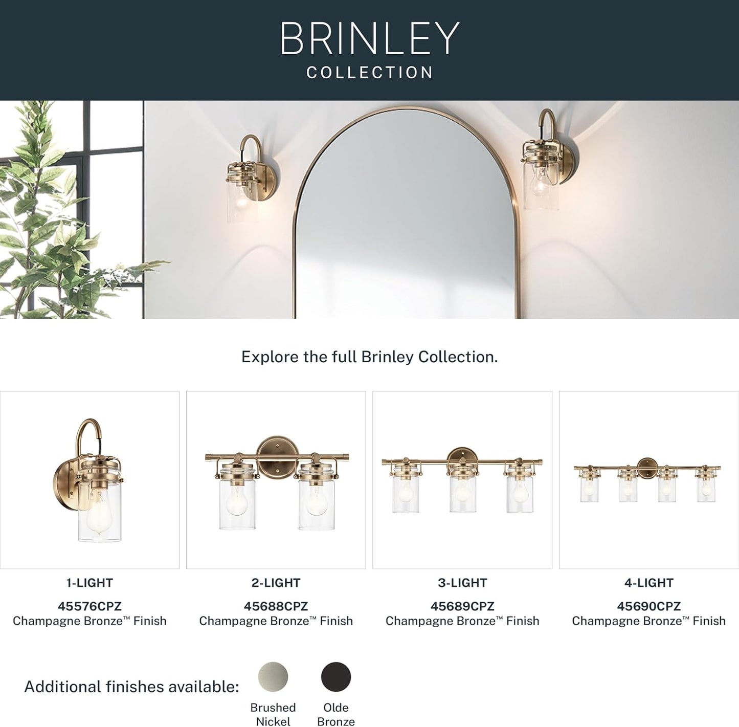 Kichler Brinley 24" 3-Light Bathroom Vanity Light Fixture with Clear Glass in Champagne Bronze, Modern Farmhouse Mason Jar Style for Mirror Lighting (24" W x 10.25" H), 45689CPZ