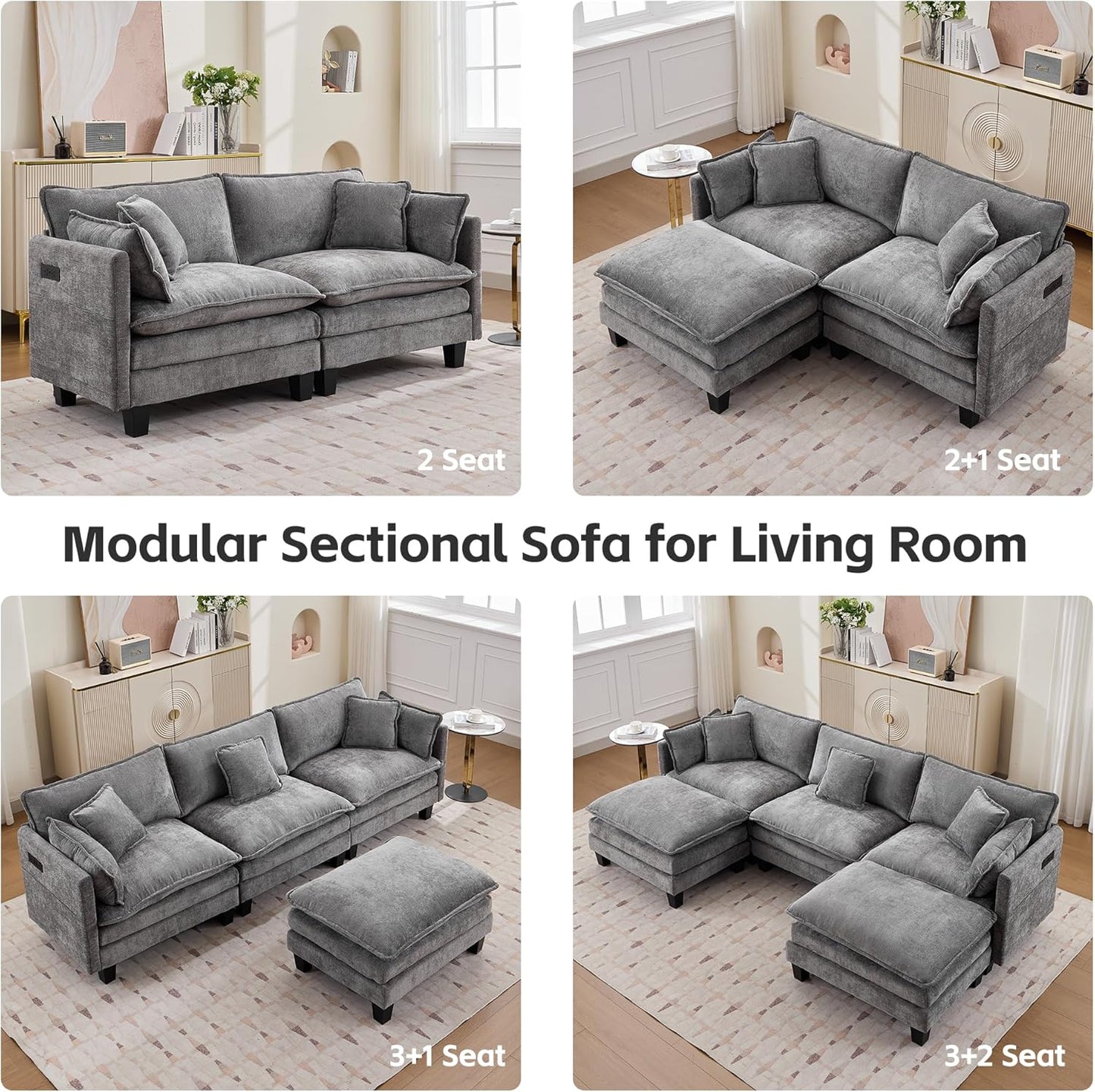 Opiesit Modular Sectional Sofa with Movable Ottoman, 110" 4-Seat Modern Couches for Living Room, Comfy L Shaped Couch Set with Deep Seat for Office and Apartment, Grey Chenille Fabric