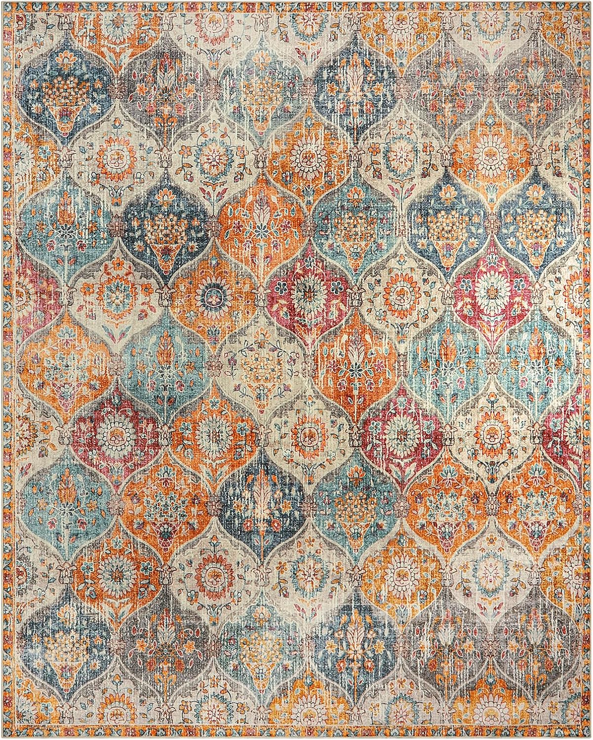 Lahome Moroccan Washable Area Rugs 8x10, 8x10 Rugs for Living Room Bedroom, Non Slip Low Pile Distressed Stain Resistant Rug for Kids Pets High Traffic Areas Elise, Burnt Orange