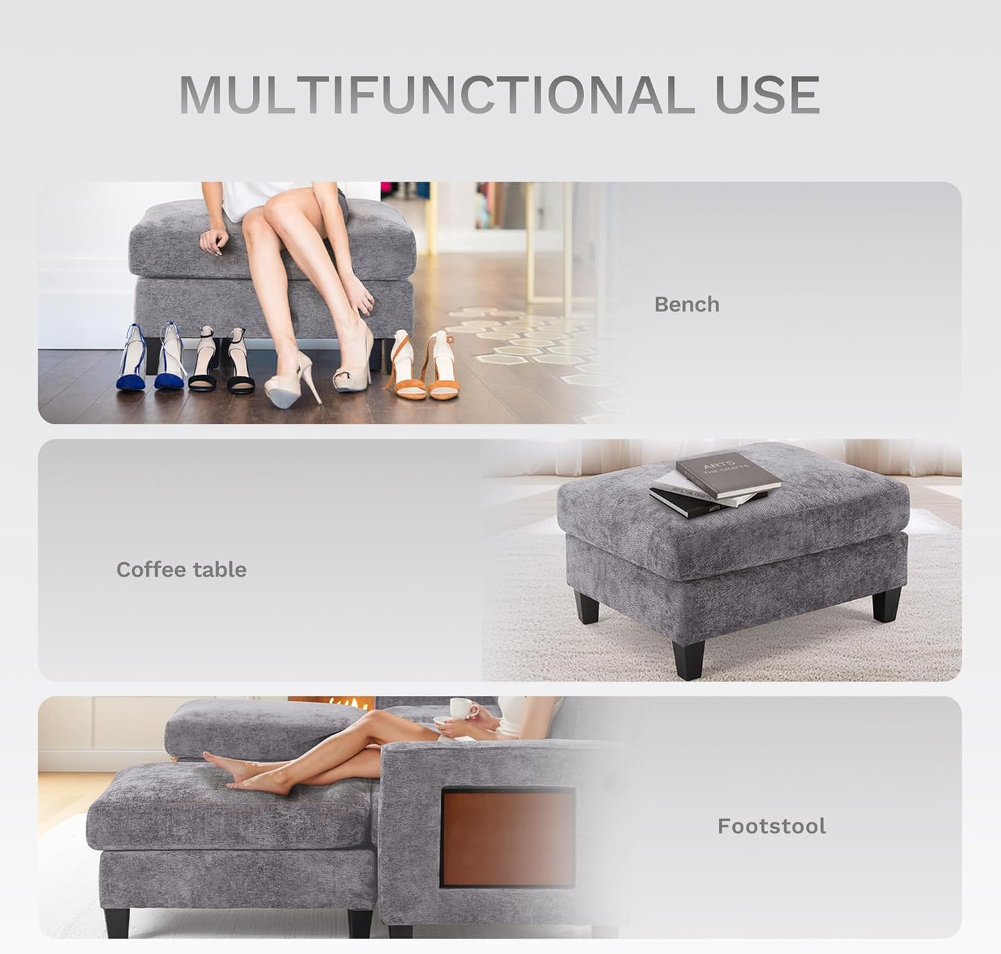 COLAMY 118" Modular Sectional Cloud Couch, Midcentury Modern 4-Seat U-Shaped Sofa, with USB Type C Ports, Foldable Side Table and 2 Ottomans, for Home Living Room, Grey