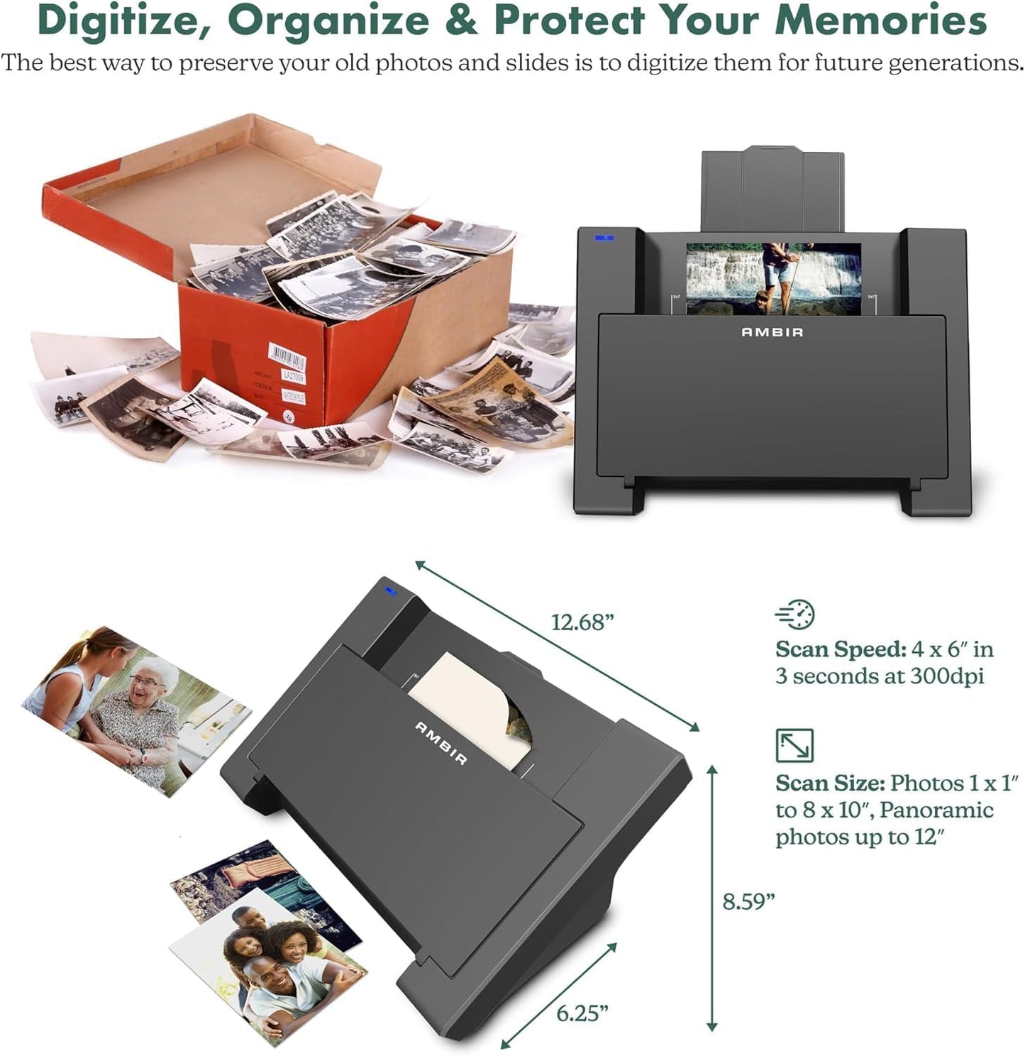 AMBIR Photo Scanner with Photo Cleaning Kit Bundle – Scan Photos in Seconds, Auto Crop & Deskew, 300/600 DPI High Resolution Scanning, Restore & Organize with Software, Mac & PC Compatible