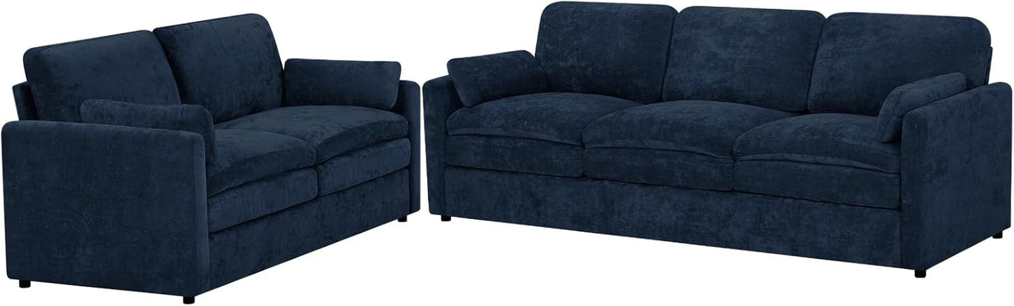 Classic Chenille Sofa Set with 2 Extra Armrest Pillows, Loveseat and 3-Seat Sofa with Upholstered Seat & Backrests, 2 Pieces Sectional Couch with Thickened Cushions for Living Room, Blue