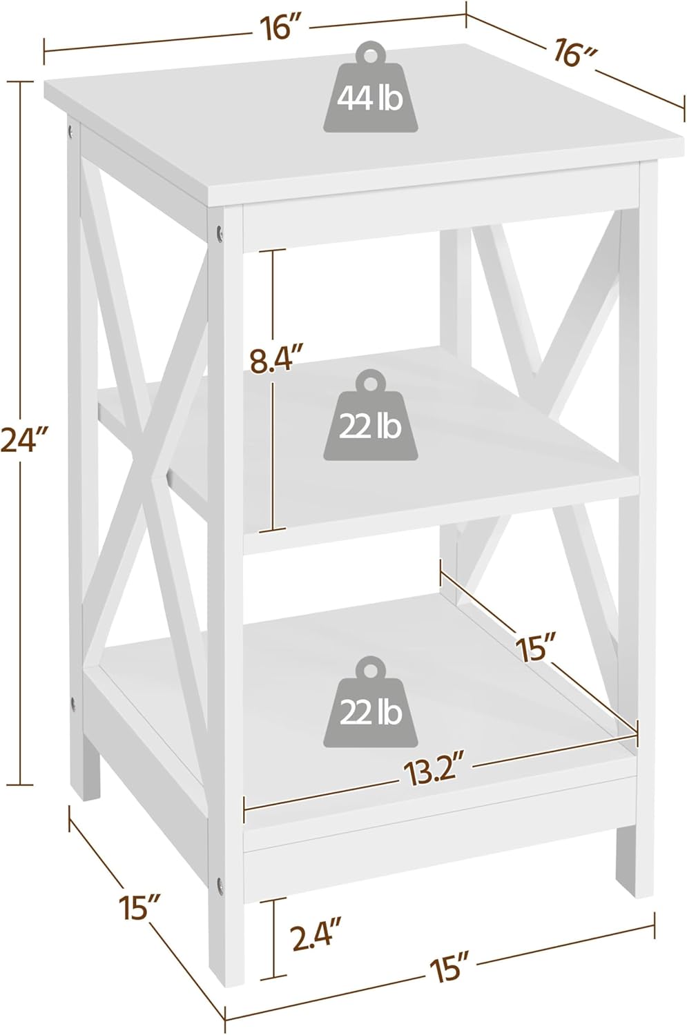 Yaheetech 3 Piece Living Room Wood Table Set, X-Design Coffee Table with Shelf & 2 x 3-Tier End Side Tables Storage Cabinet for Living Room, Accent Furniture, White