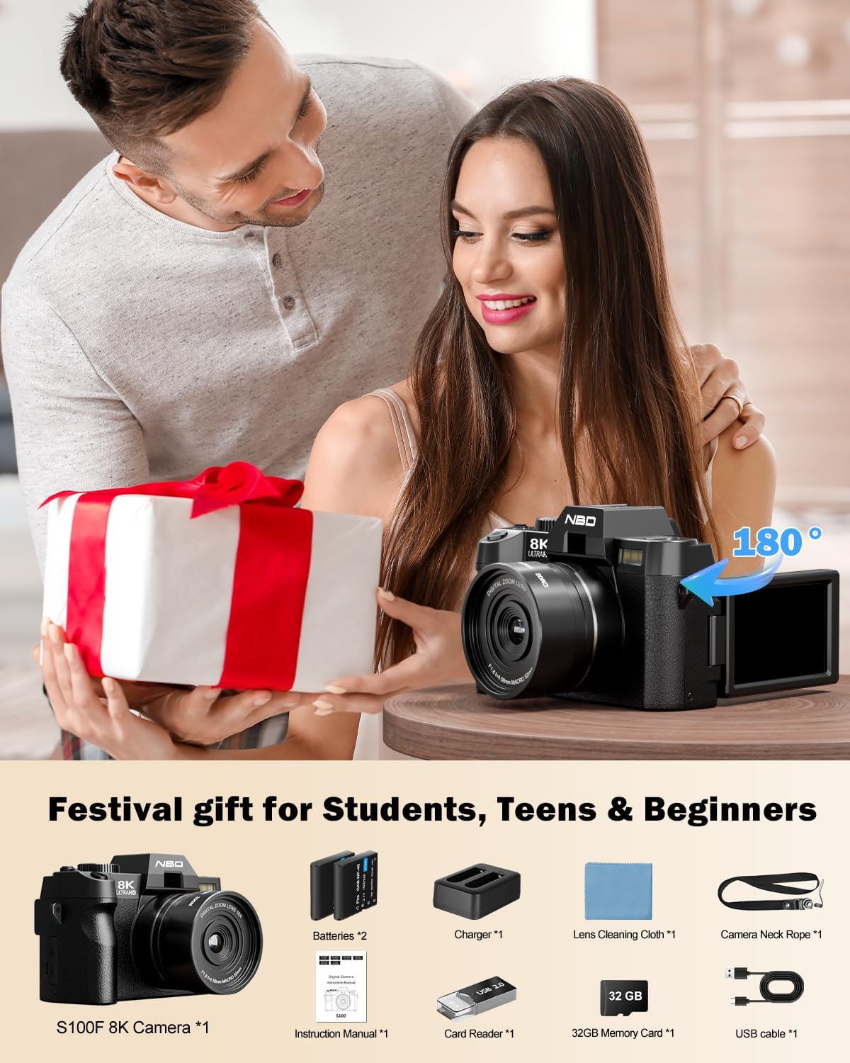 NBD 8K Digital Cameras for Photography,64MP Camara Fotograficas,Travel Vlogging Cameras for YouTube with 180°Flip Screen,16X Digital Zoom,2 Batteries,32GB TF Card,52mm Macro Lens (Black)