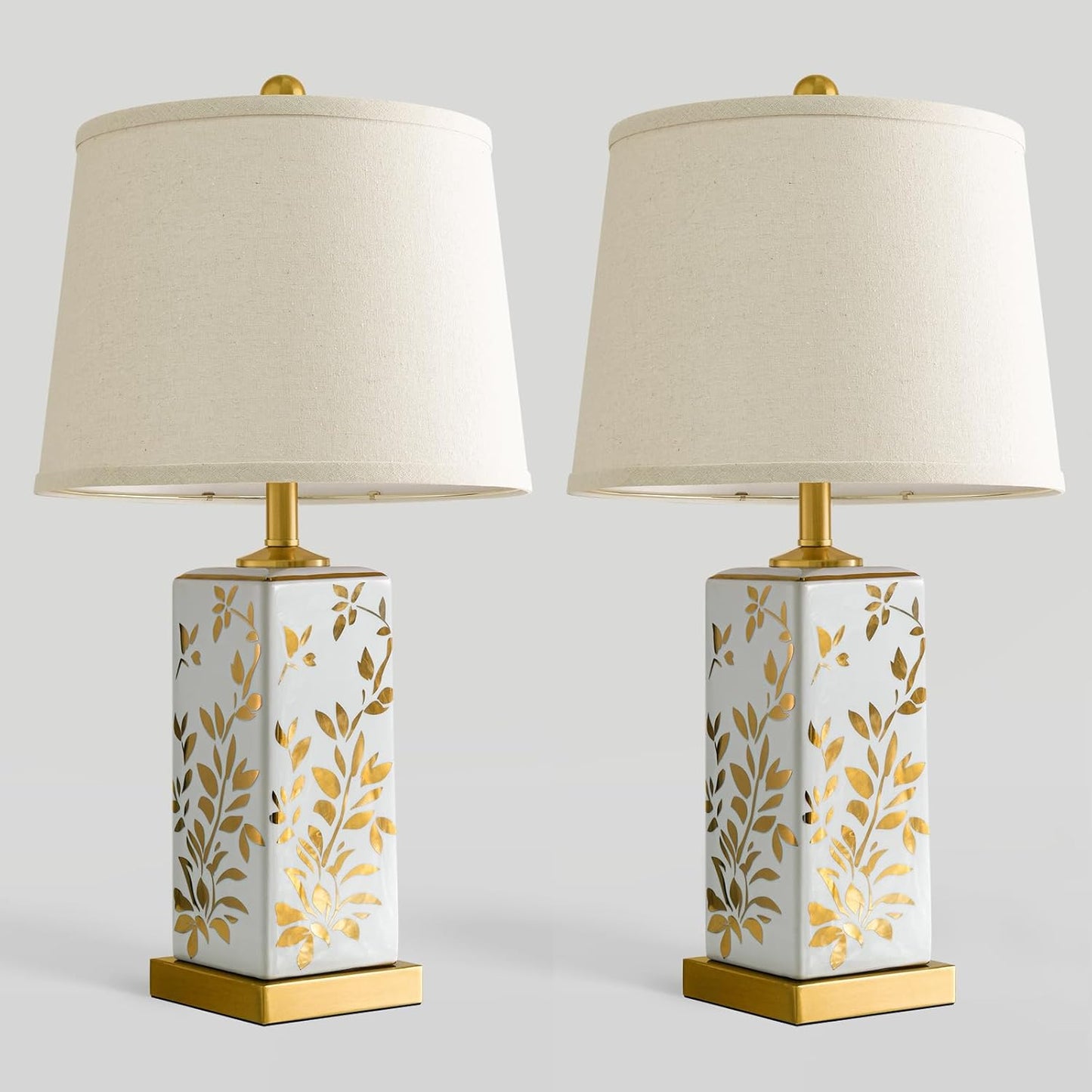 24.25" Mid Century Modern Lamp Set of 2, Vintage Farmhouse Chinoiserie Ceramic Table Lamps, Reflective Gold Leaf Pattern Bedside Lamps for Bedroom Living Room Nightstand, White & Gold