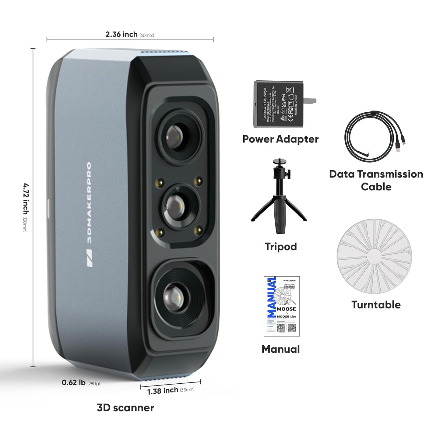 3DMakerpro 3D Scanner for 3D Printing, Handheld 3D Model Scanners with 0.05mm High Detailed Precision, Intelligent Pre and Post Data Processing, Compatible with Windows/MacOS, Moose (Advanced)