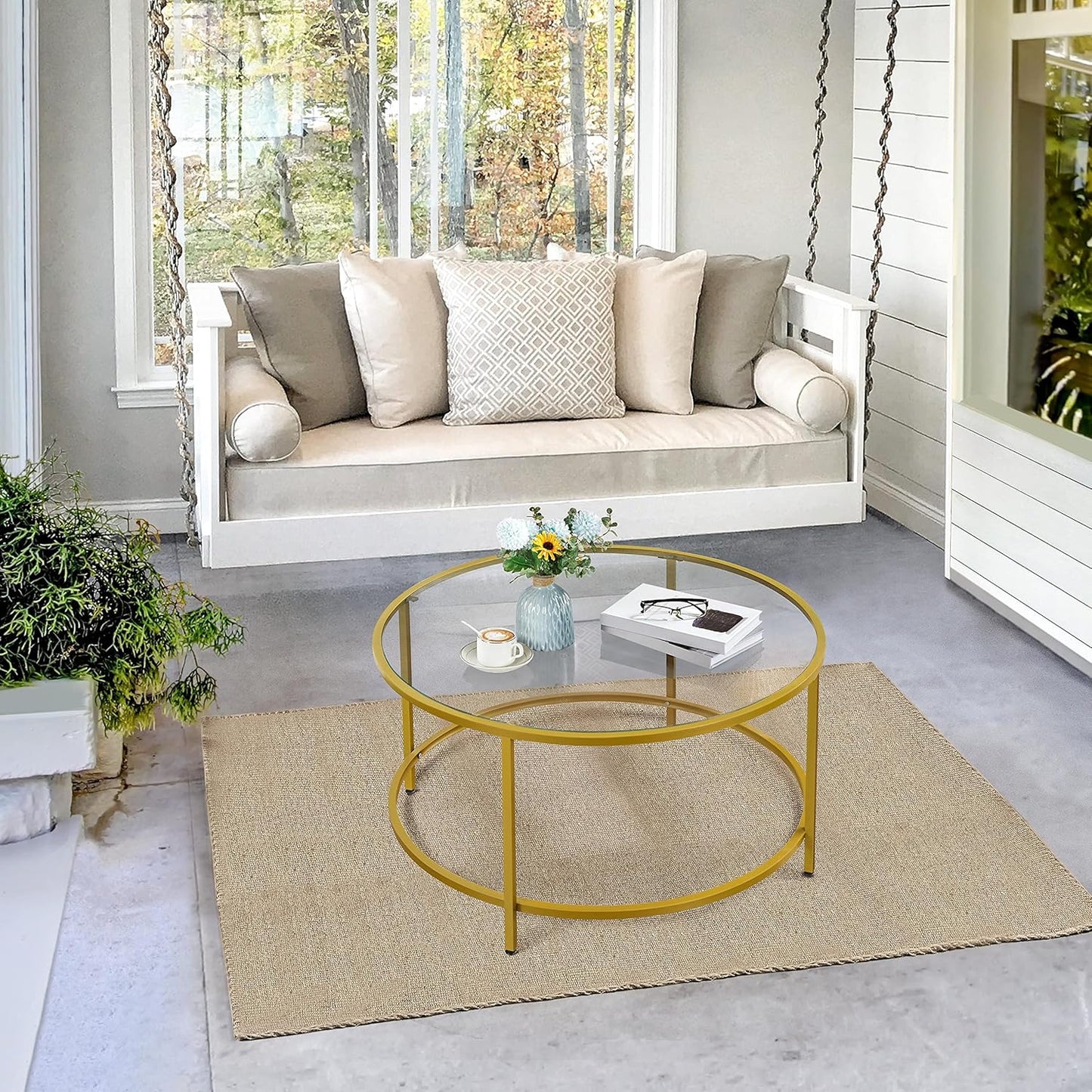 Yaheetech Coffee Table Set of 3, Round Coffee Table & 2pcs Accent End Table Easy Assembly w/Glass-Top Surface & Reinforced Frame for Living Room,Apartment,Small Space,Mustard Gold