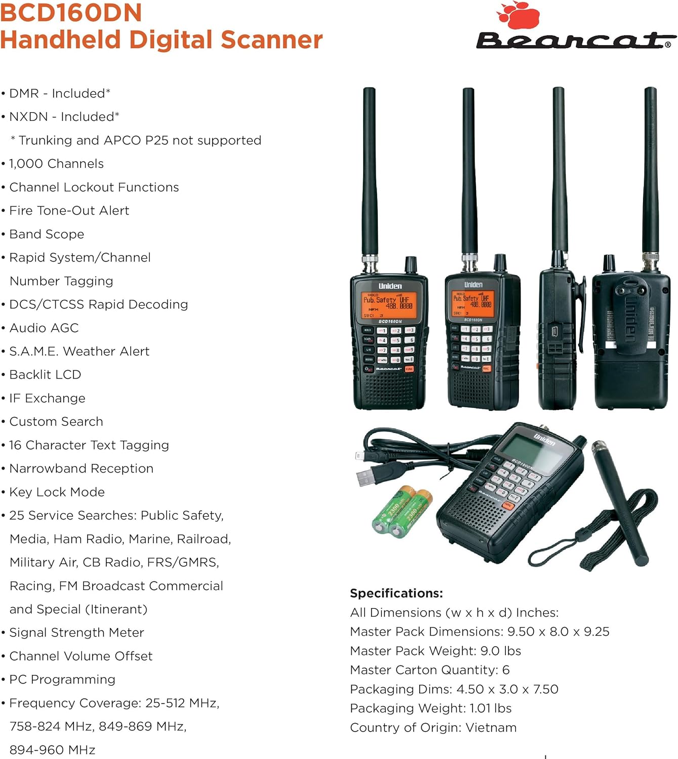 Uniden Bearcat BCD160DN Handheld Digital Scanner, Exclusive Features, Band Scope Rapid System/Channel Number Tagging, Narrow-Band Reception, and Search Features to Detect Signals Faster Than Ever