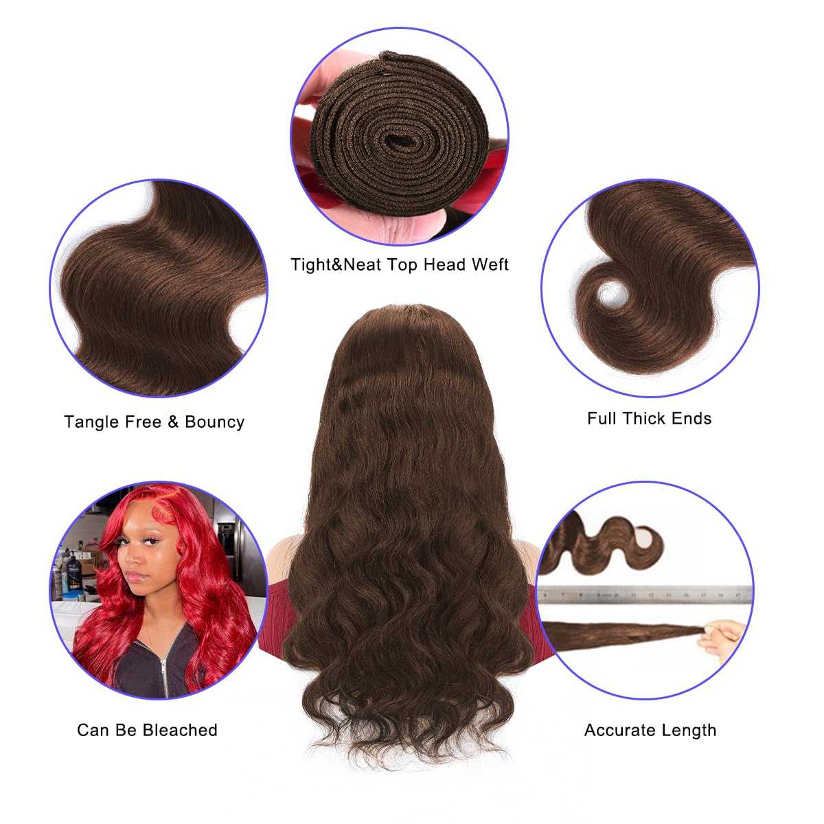 Body Wave Bundles Human Hair 20 22 24 24 Inch Brown Human Hair Bundles 12A 100% Unprocessed Indian Virgin Hair 4 Bundles Deal Dark Brown Chocolate Color Extension Color 4#