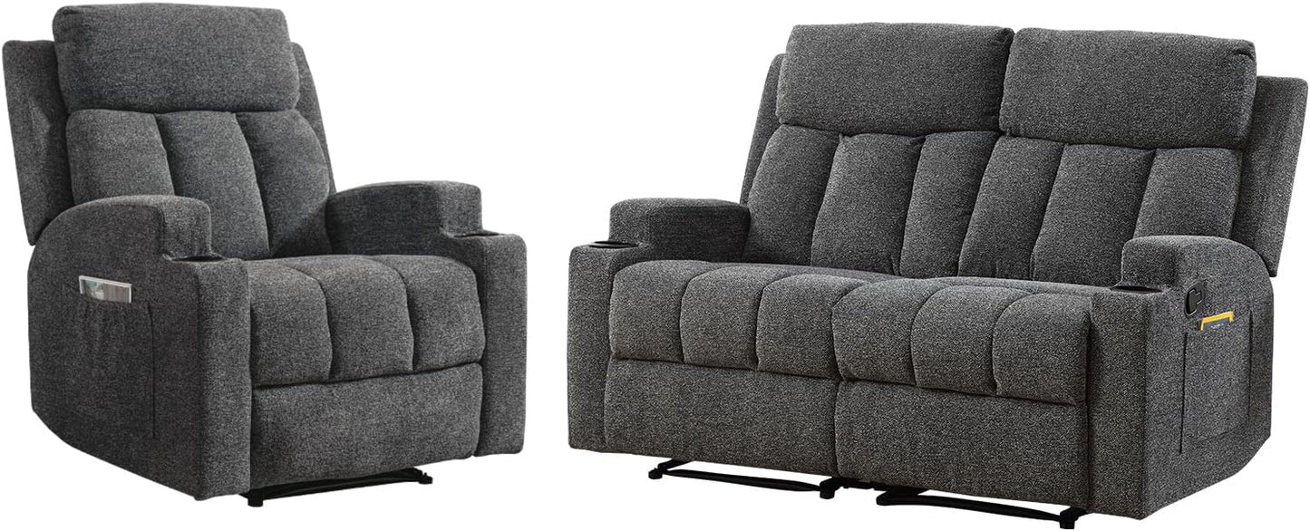 CANMOV Manual Recliner Sofa Set, Fabric Recliner Living Room Furniture Sets, 1 Seat Reclining Chair and a Loveseat Furniture Set with Side Pockets and Cup Holders, Dark Grey