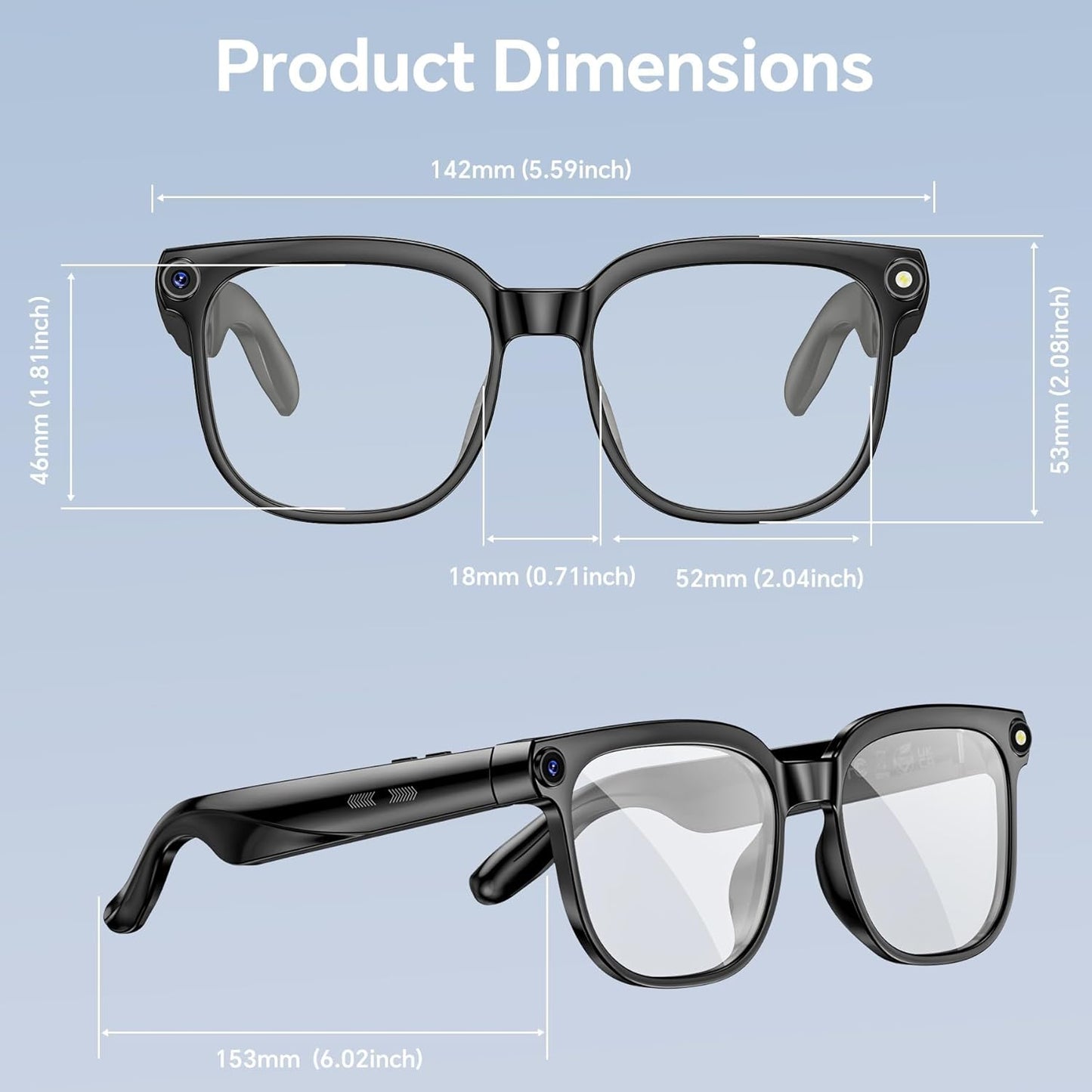 AI Smart Glasses with Camera Bluetooth, 800W HD Anti-Shake 1080P Video Audio Recording Glasses, Real-Time AI Translation GPT Assistant, Blue Light, Smart Glasses for Men Women Vlogging & Conference