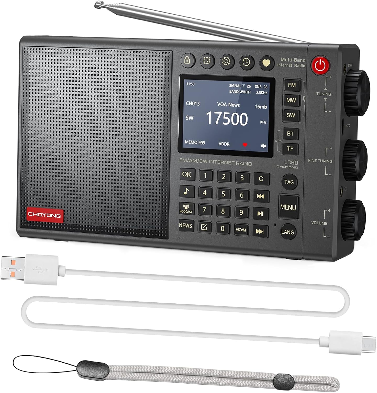 CHOYONG LC90 Wi-Fi/4G Internet Radio, Portable FM/LW/MW/SW Radio with Rechargeable 5000mAh Battery, 40K Radio Stations, BT Speaker, Alarm Clock, 15W Stereo Speakers, Support TF Card