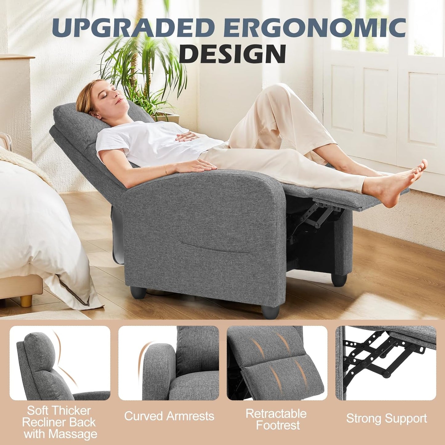 Sweetcrispy Massage Recliner Chair for Adults, Adjustable Home Theater Seating with Lumbar Support for Living Room, Modern Fabric Reclining for Small Space, Grey