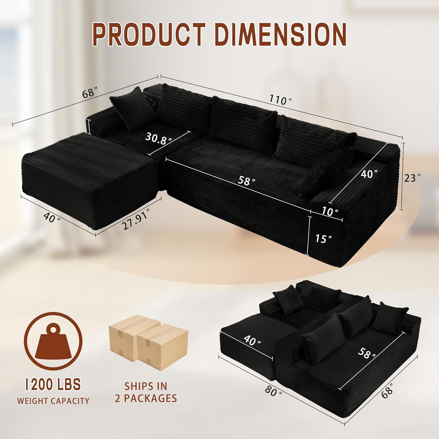 Korser 110" L-Shaped Modular Sectional Sofa with Chaise, Boneless Comfy Corduroy Fluffy Couch with Deep Seat and Side Pockets, Flexible Module Combination for Living Room, No Assembly, Side Pockets