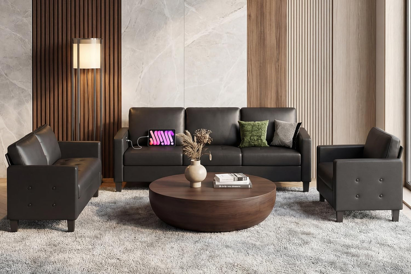 STHOUYN Black Faux Leather 3 Seater Sofa, Loveseat and Accent Chair, Modern Comfy Office Furniture Set, Small Love Seat Couch with Tufted Armrest and USB, 3 Pieces Living Room Furniture Sets (3+2+1)