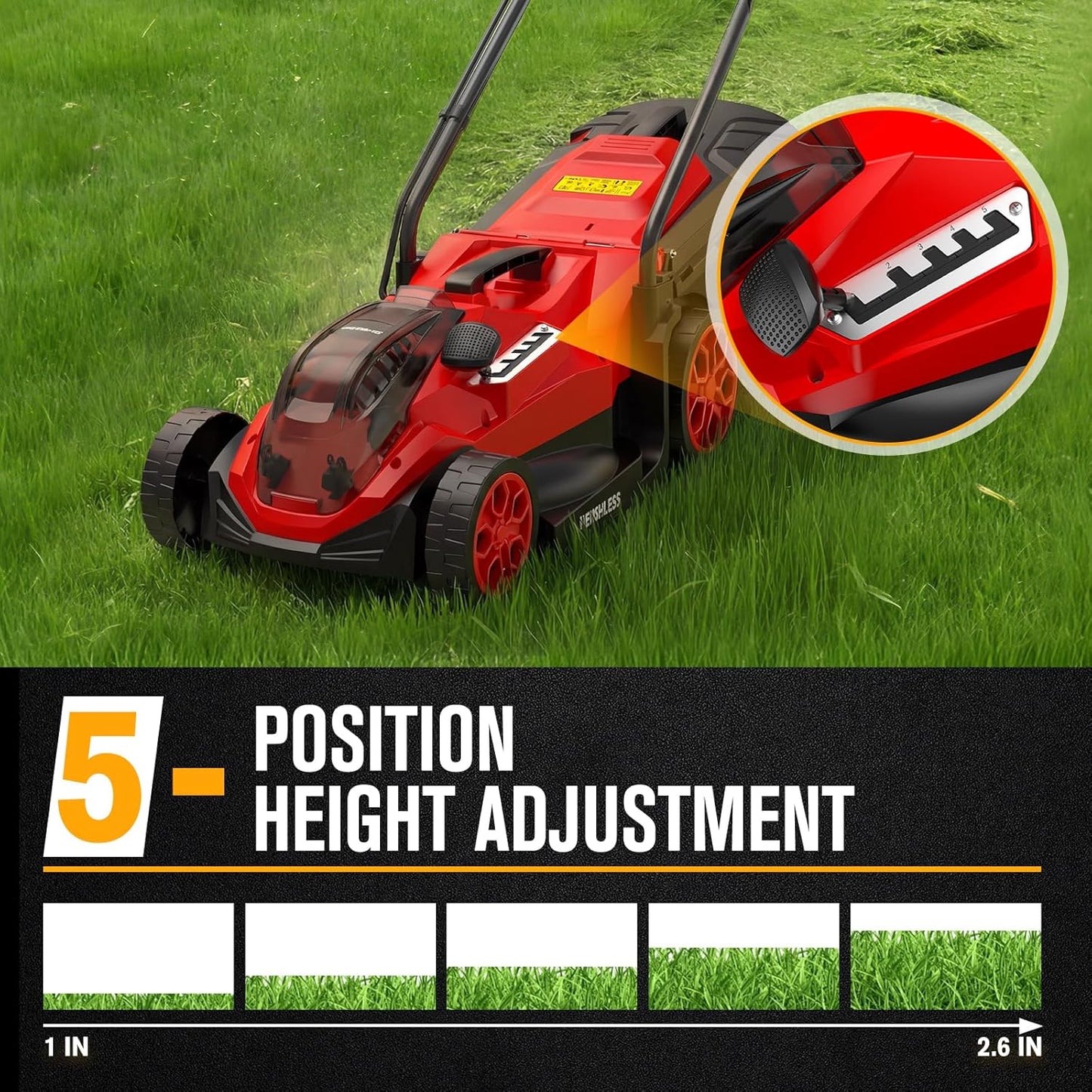 HEINPRO 14" Cordless Lawn Mower Compatible with Milwaukee M18 Battery, 2-in-1 Brushless Electric Lawn Mower for Small Yards, Push Mowers with 5-Position Height Adjustment, Red (Tool Only)