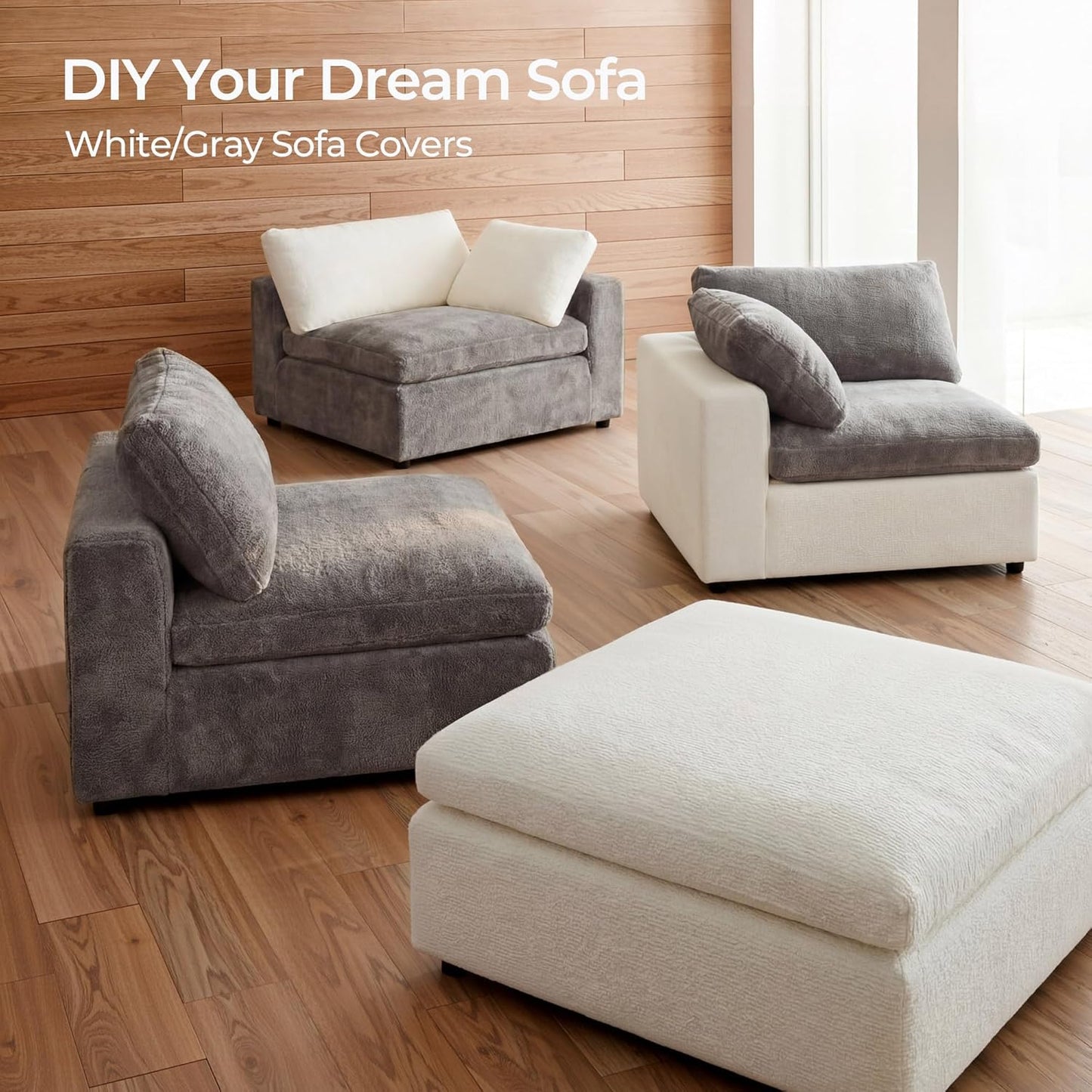 Amsleekey 108" Cloud Sectional Couches, with 1 Extra Washable Cover, L Shaped 25.6" Deep Seat Couch with Ottoman, Oversized Comfy Living Room Sofa, DIY Color Refresh (White Sofa + Gray Cover Set)