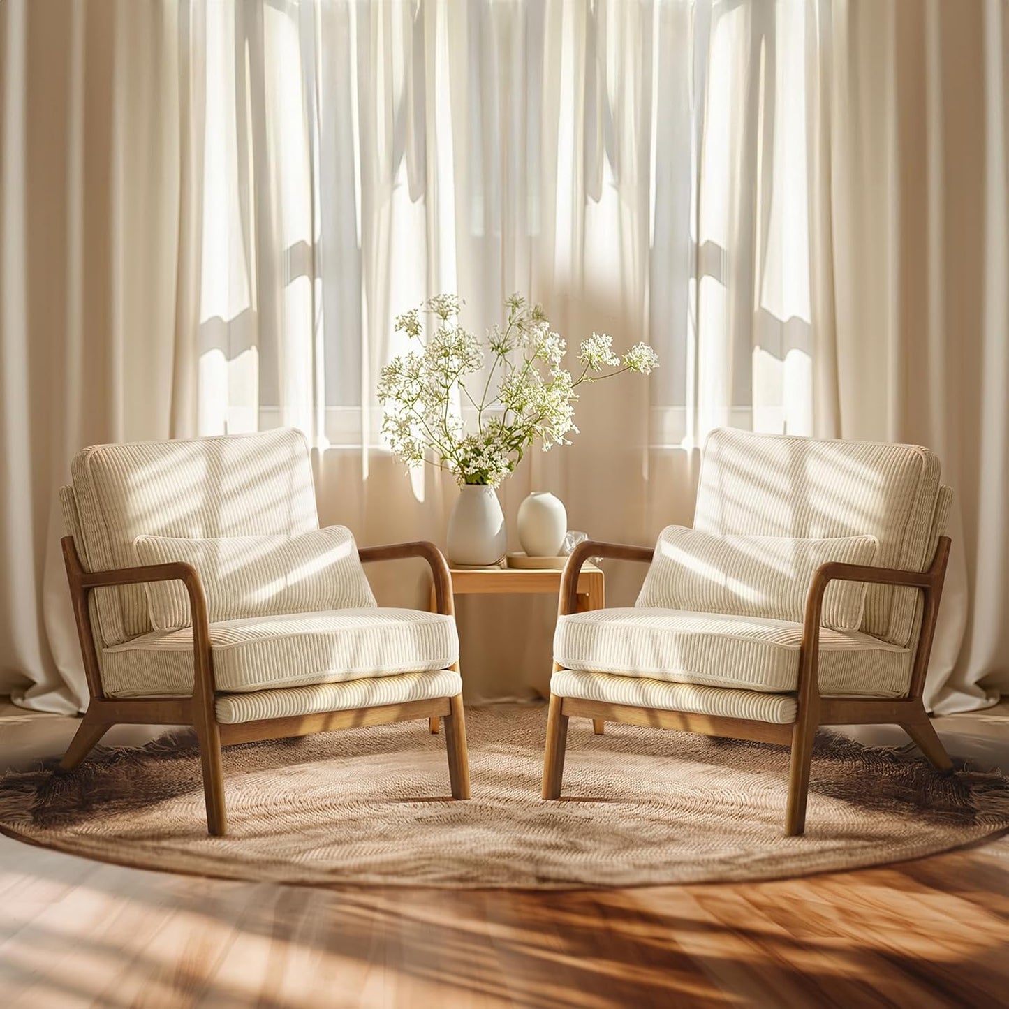 VINGLI Upgraded Premium Corduroy Accent Chairs Set of 2,Upholstered Arm Chair,Solid Wood Comfy Reading Chair with Pillow, Mid Century Modern Chairs for Living Room,Bedroom,Beige