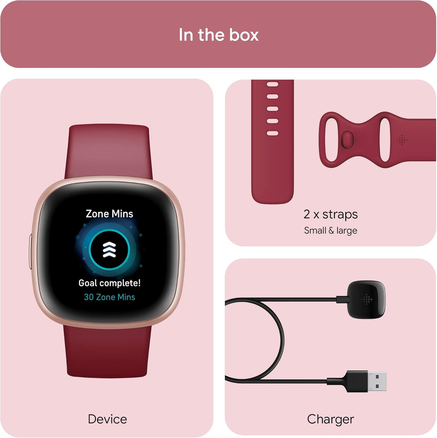 Fitbit Versa 4 Fitness Smartwatch with Daily Readiness, GPS, 24/7 Heart Rate, 40+ Exercise Modes, Sleep Tracking and More, Beet Juice/Copper Rose, One Size (S & L Bands Included)