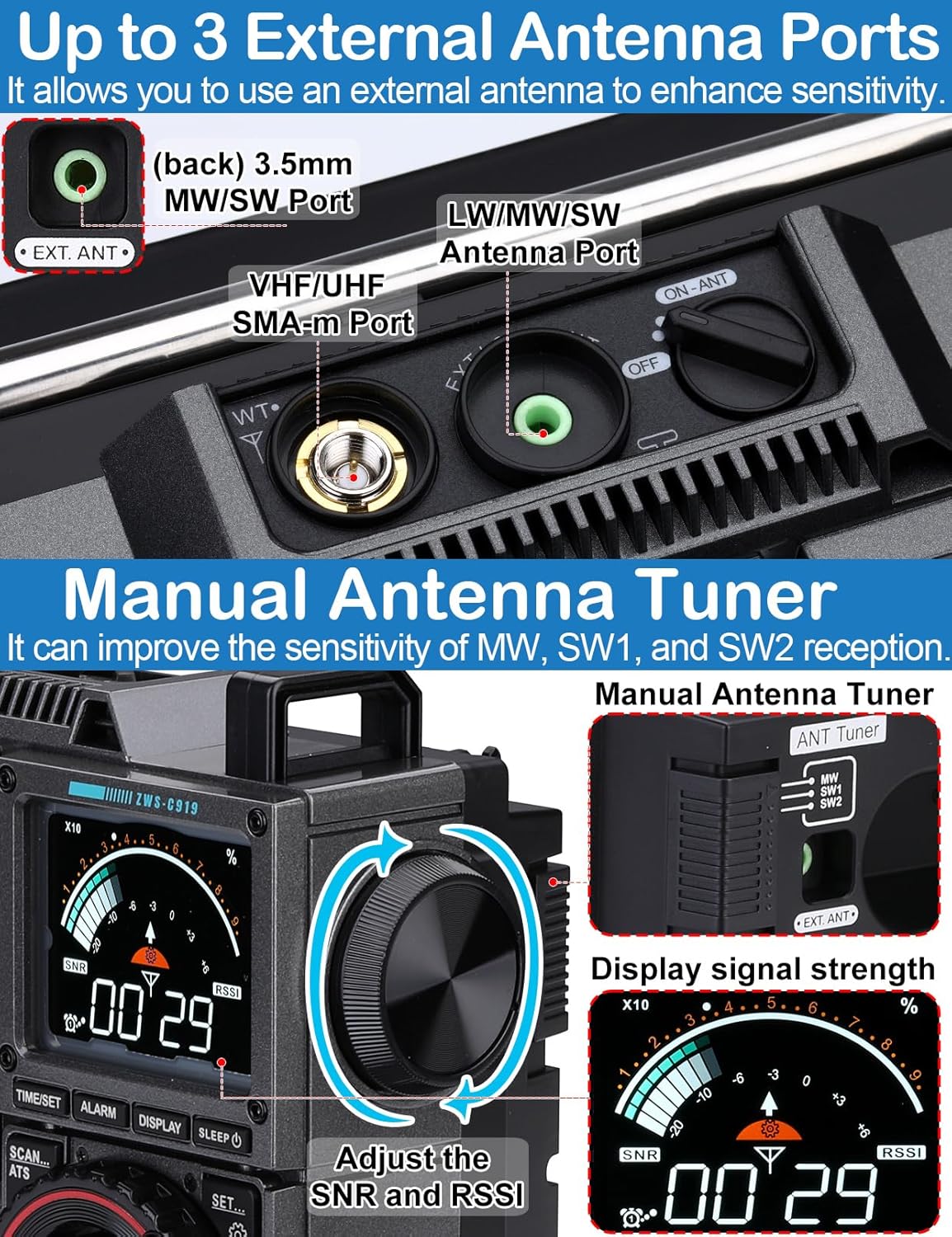 ZHIWHIS Shortwave Radio with SSB and Extra Antenna, AM FM CB LW AIR VHF UHF SW WB SSB Receiver, NOAA Weather/Antenna Tuner/APP Control/Bluetooth/20W Speaker/1600 Presets/Rechargeable Radios ZWS-C919
