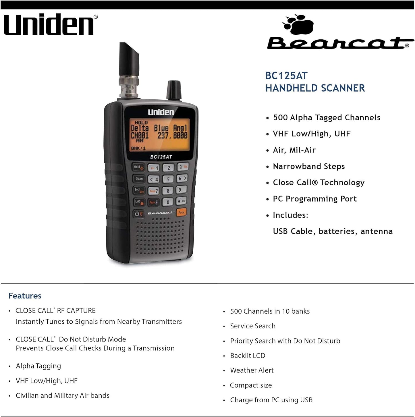 Uniden Bearcat BC125AT Handheld Scanner, 500-Alpha-Tagged Channels, Close Call Technology, PC Programable, Aviation, Marine, Railroad, NASCAR, Racing, and Non-Digital Police/Fire/Public Safety.