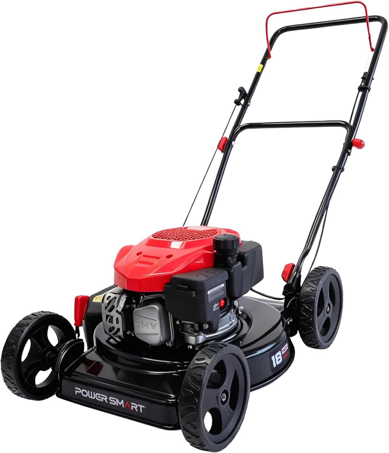 PowerSmart EasyCut 18" 144cc Gas Lawn Mower, Heavy-Duty Steel Deck, Side Discharge, 5-Position Height Setting, Walk-Behind Push Mower with Side Discharge