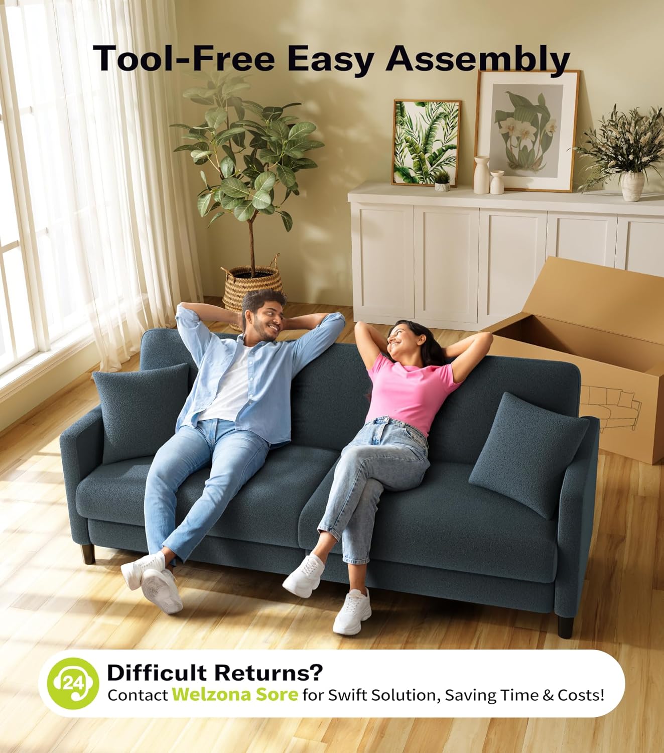 Welzona 83" Couches for Living Room, Teddy Sofa Couch, Comfy Sofas for Living Room, Tool-Free Setup Loveseat Sofa, All-Wood Love Seat Couches, Small Couch 2 Pillows Included, Blue Grey