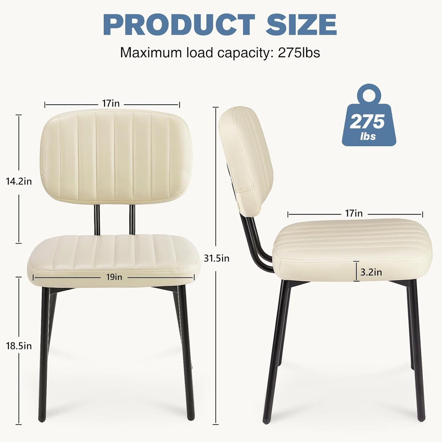 DUMOS Dining Chairs Set of 4, Upholstered Mid-Century PU Leather Accent Chair with Backrest and Metal Legs for Kitchen, Living Room, Beige White