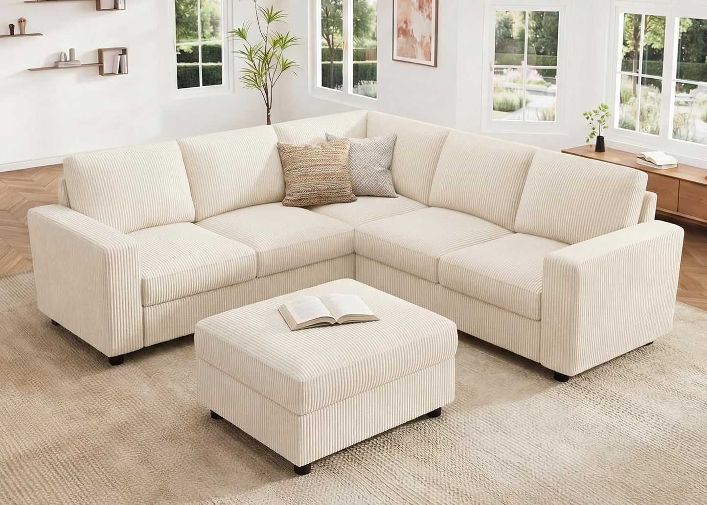 HONBAY Corduroy Sectional Couch with Storage L-Shaped Sectional Couches for Living Room 6 Seater Sectional Sofa, Beige