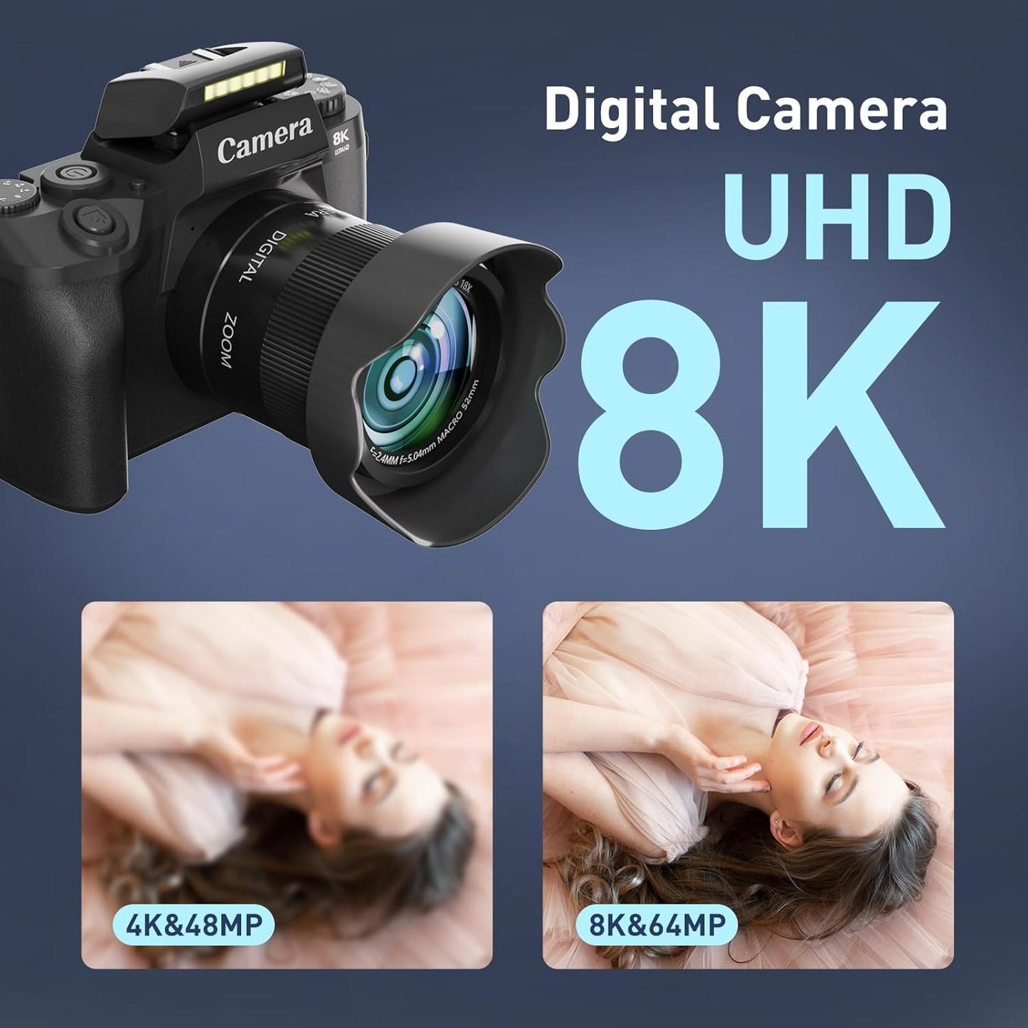 8K Digital Camera, 64MP WiFi Cameras for Photography with 4" Touchscreen, Vlogging Camera for YouTube with 16X Zoom Autofocus Dual Lens, 3000mAh Battery, 32GB Card & Lens Hood (Black)