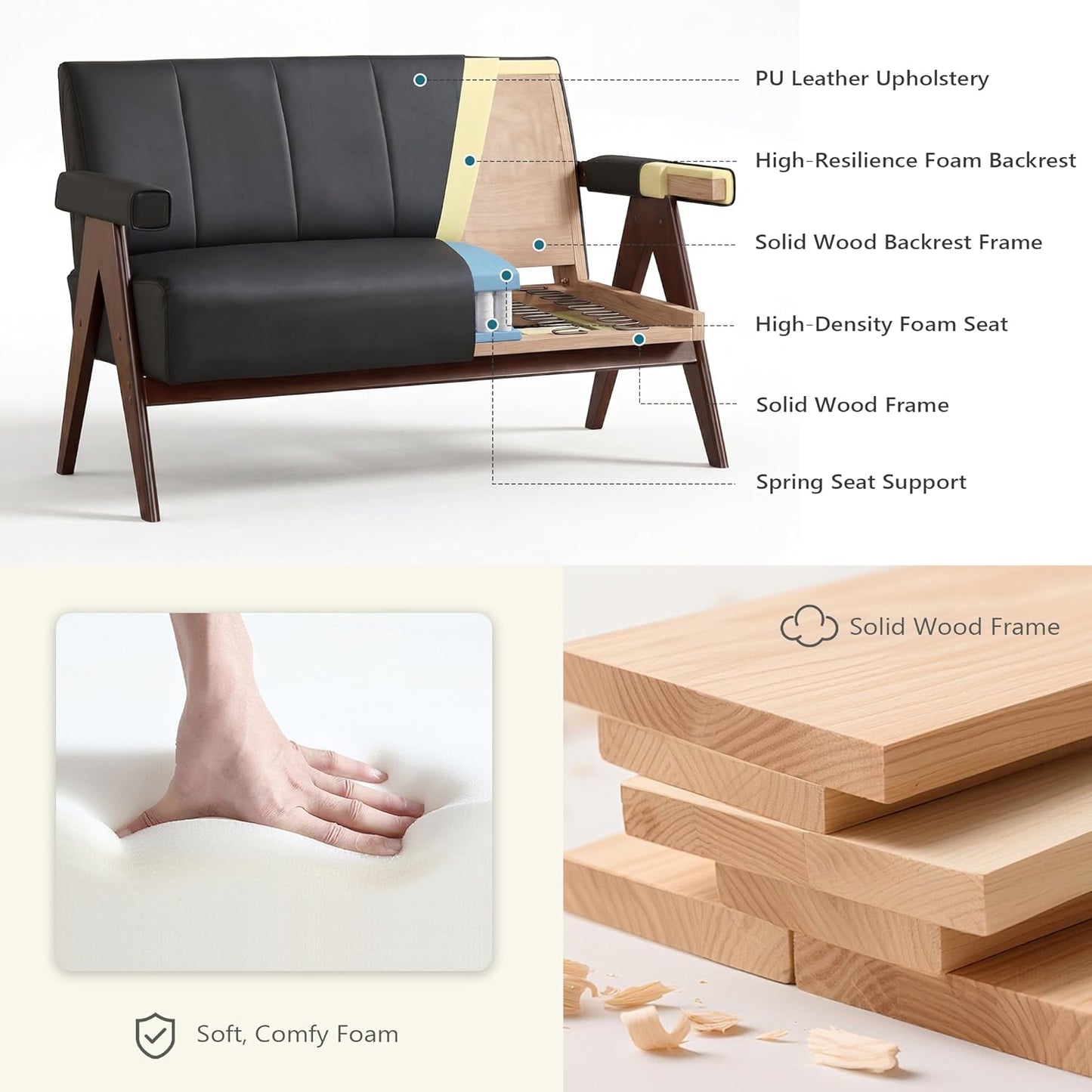 STHOUYN Black Leather Loveseat Sofa and Accent Chairs Set of 2, Mid-Century Modern Office Furniture Couch and Chair Set, Small Love Seat Couches with Wood Arm, 3 Pieces Living Room Furniture Sets (3)