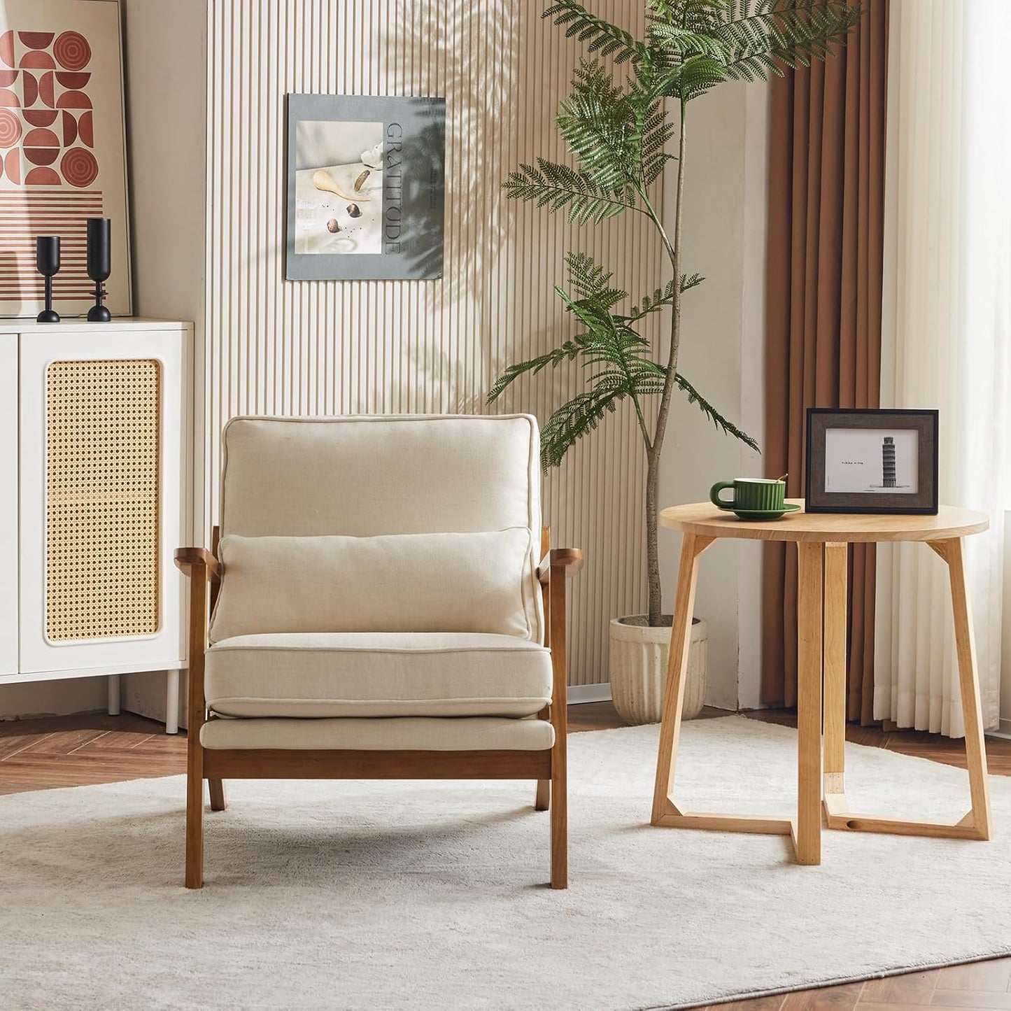 VINGLI Solid Wood Wide Armrests Accent Chair Set of 2,Upholstered Mid Century Modern Chair with Pillow,Farmhouse Arm Chair Comfy Reading Chair,Chairs Living Room,Bedroom,Guest Room,Linen Fabric,Beige