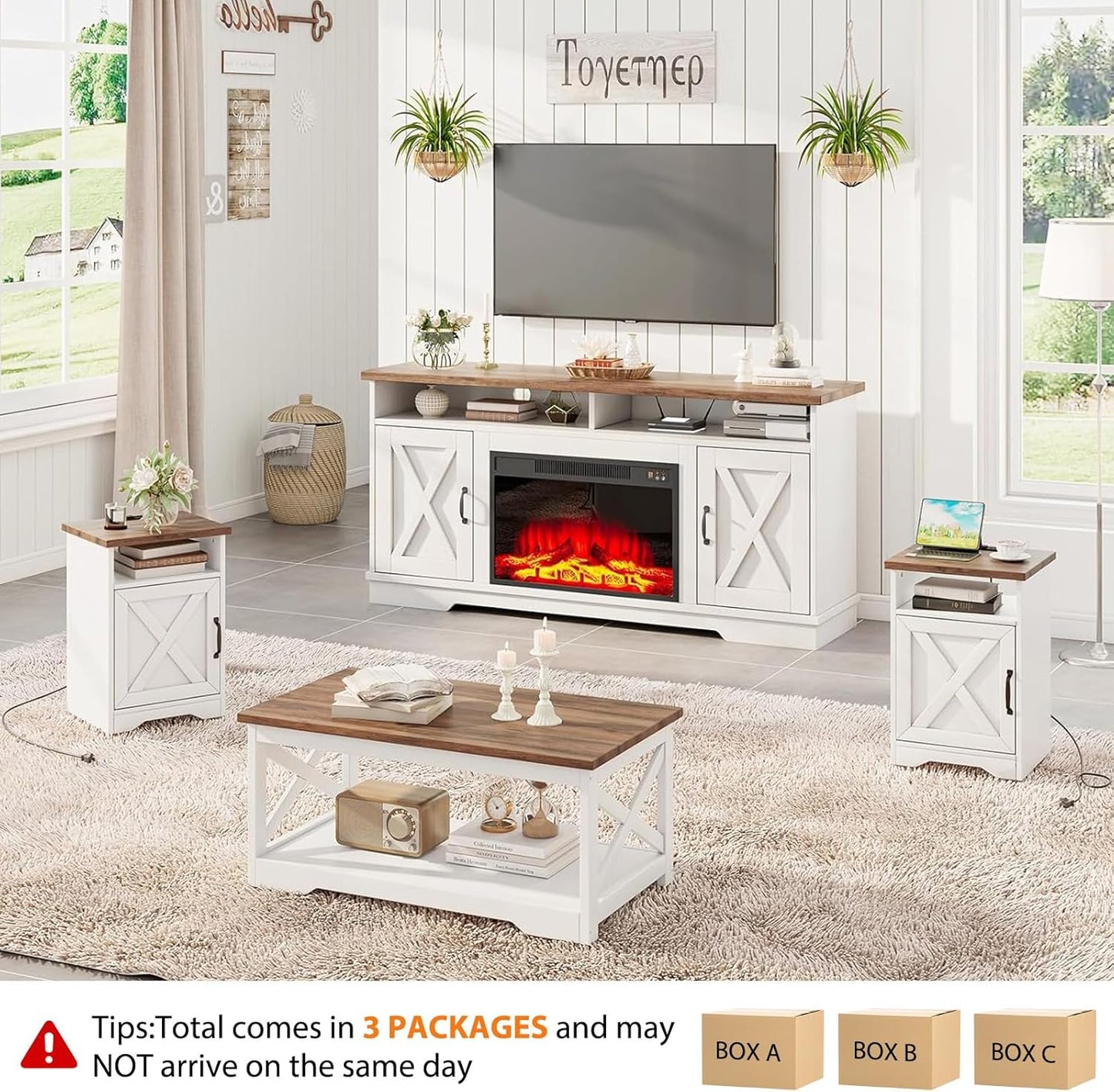 AMERLIFE 5-Piece Farmhouse Table Set Include 63" TV Stand with 26" Fireplace, 40" Coffee Table, 2 End Tables with Charging Station & USB Ports, Living Room Table Sets with Barn Door, Rustic Oak&White
