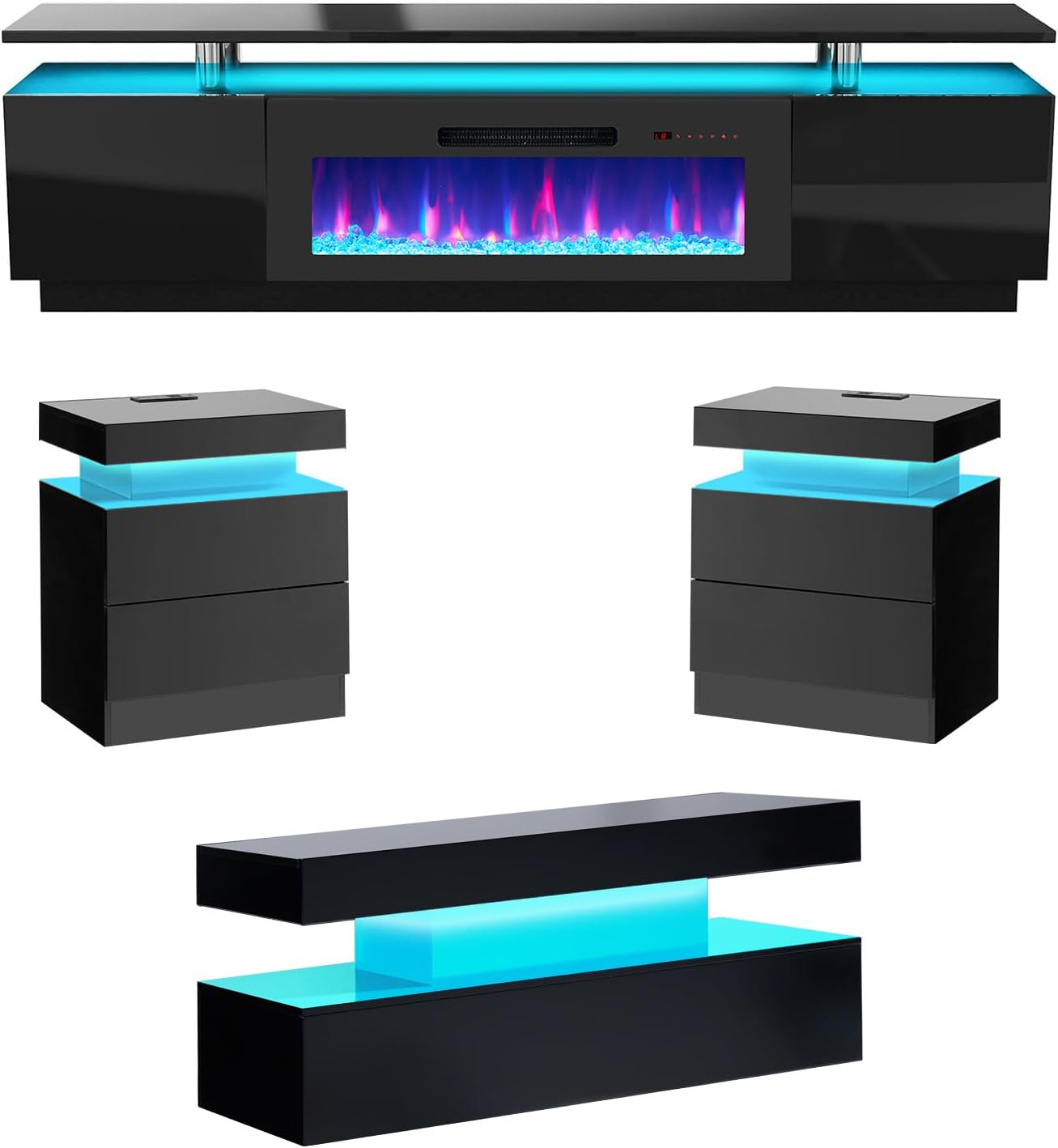 AMERLIFE 5 Piece Modern Living Room Table Set, Includes 80" Fireplace TV Stand, 2-Tier Coffee Table, 2 X Side Tables with Charging Station, LED Media Furniture, Black