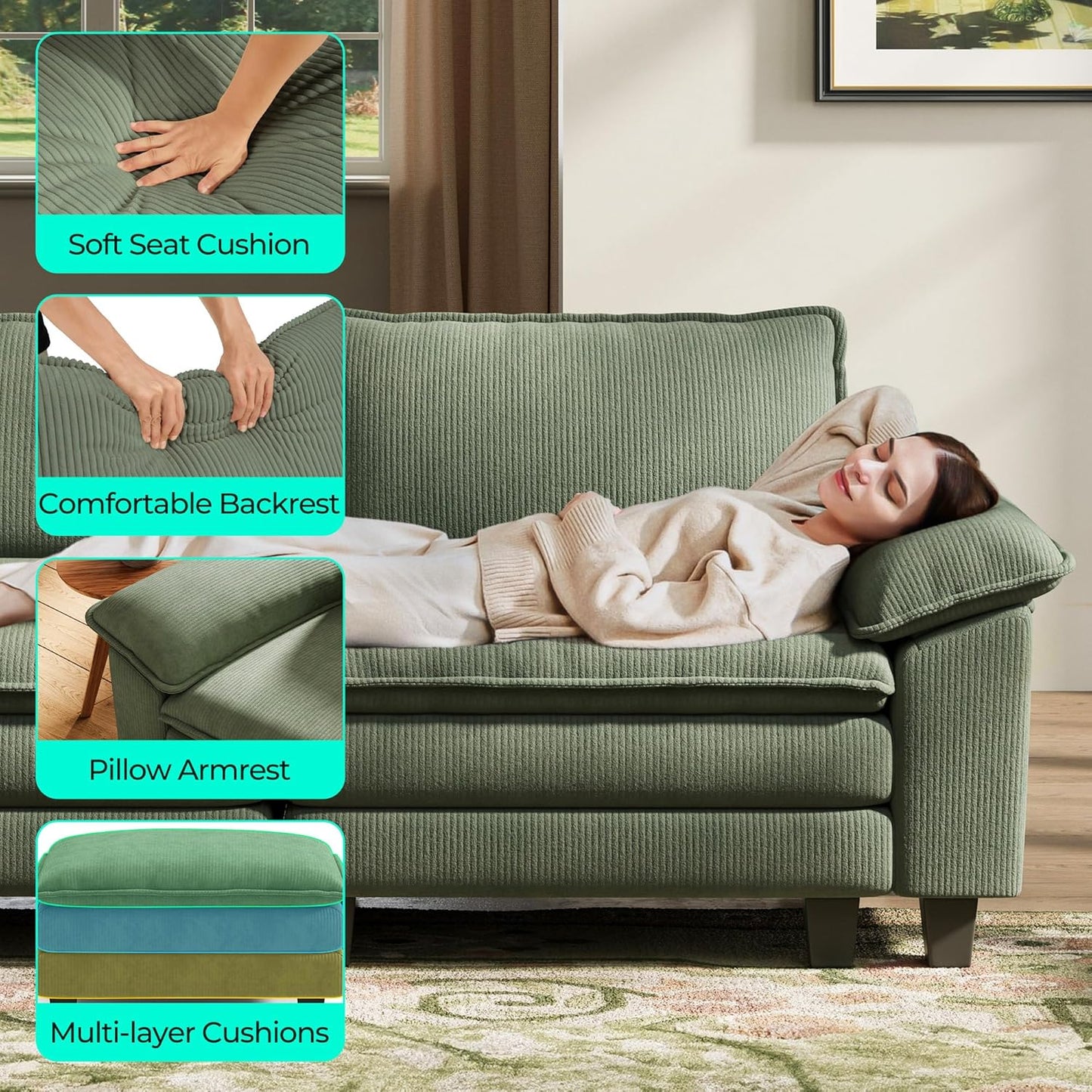 LINSY HOME 123" Modular L-Shaped Sectional Sofa, 3-Seat Corduroy Modern Cloud Couch with Deep Seat & 1 Movable Ottoman, Perfect for Living Room, Office, Bedroom, Green