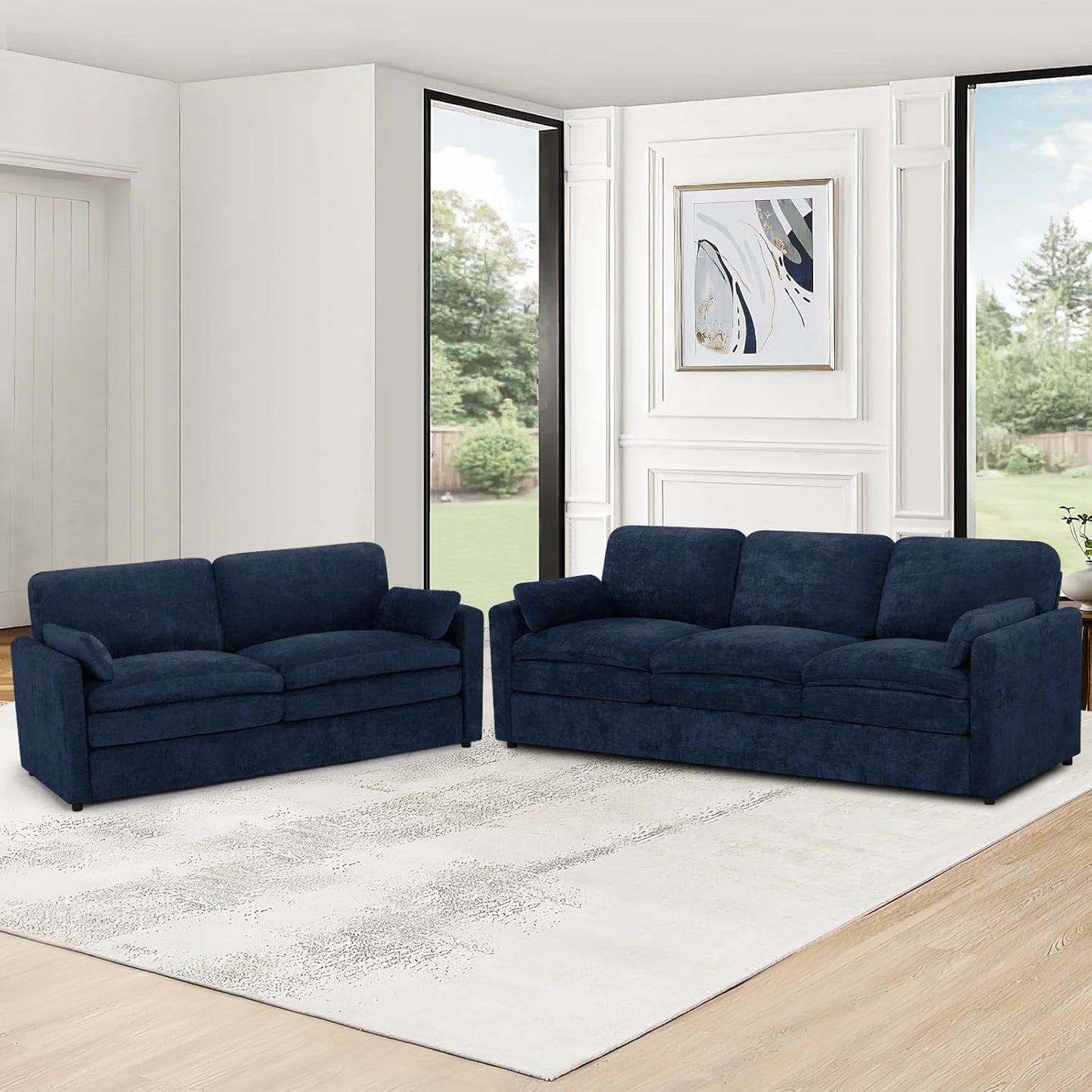 Classic Chenille Sofa Set with 2 Extra Armrest Pillows, Loveseat and 3-Seat Sofa with Upholstered Seat & Backrests, 2 Pieces Sectional Couch with Thickened Cushions for Living Room, Blue