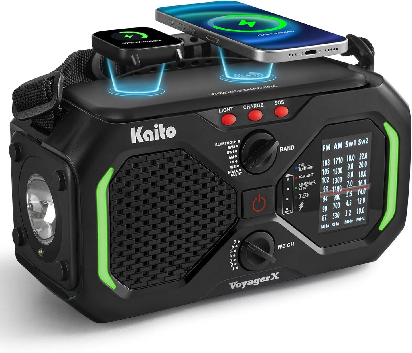 Kaito Voyager X Emergency Radio with NOAA Weather Alert AM/FM/Shortwave Solar & Hand Crank Power Wireless Charging SOS Alarm, LED Flashlight & Reading Lamp Survival & Preparedness Gear (Black)