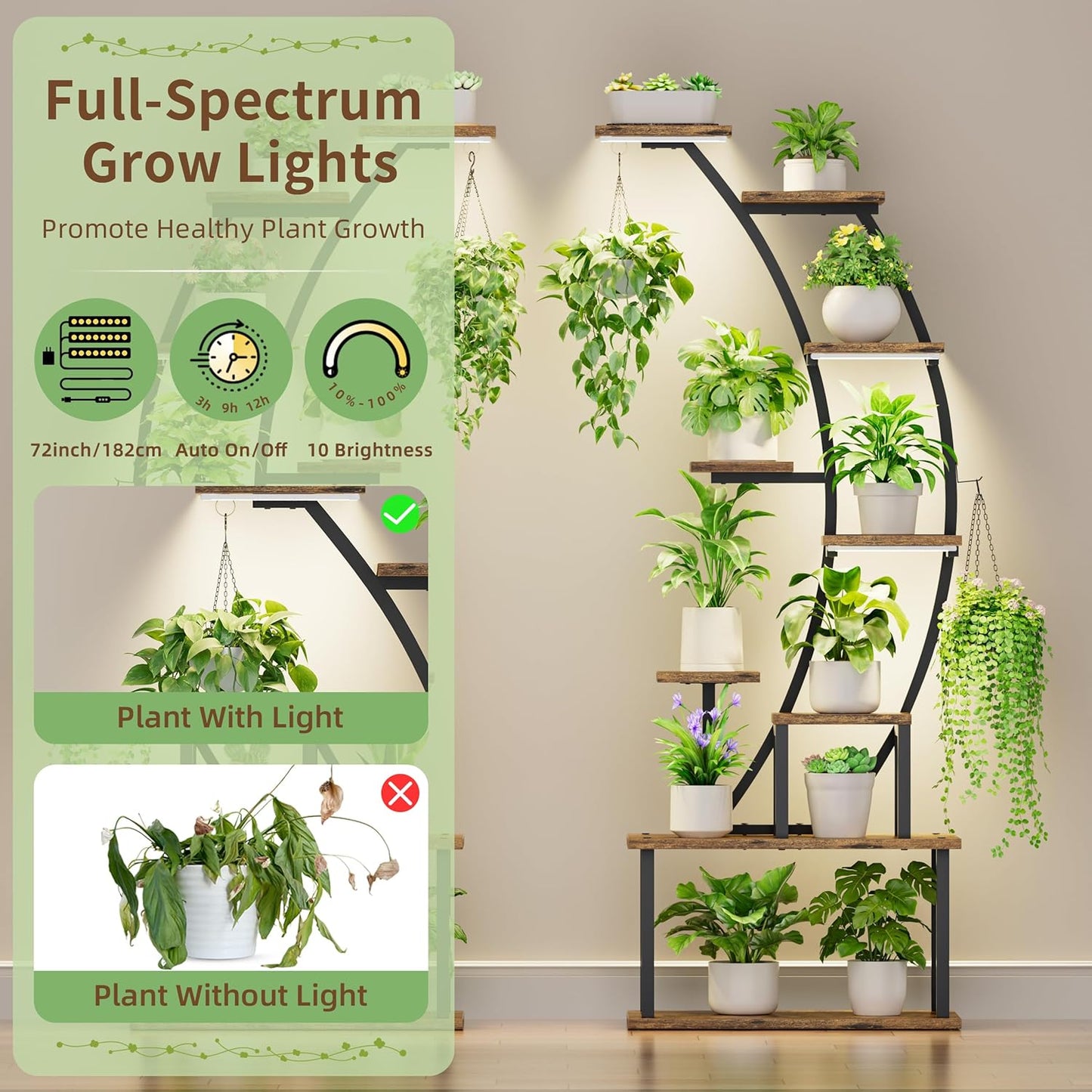BACEKOLL Plant Stand Indoor with Grow Lights, 9 Tiered Metal Plant Shelf, 64" Tall Plant Stand for Indoor Plants Multiple, Large Plant Rack Display Shelf, Curved Plant Holder for Living Room, Patio