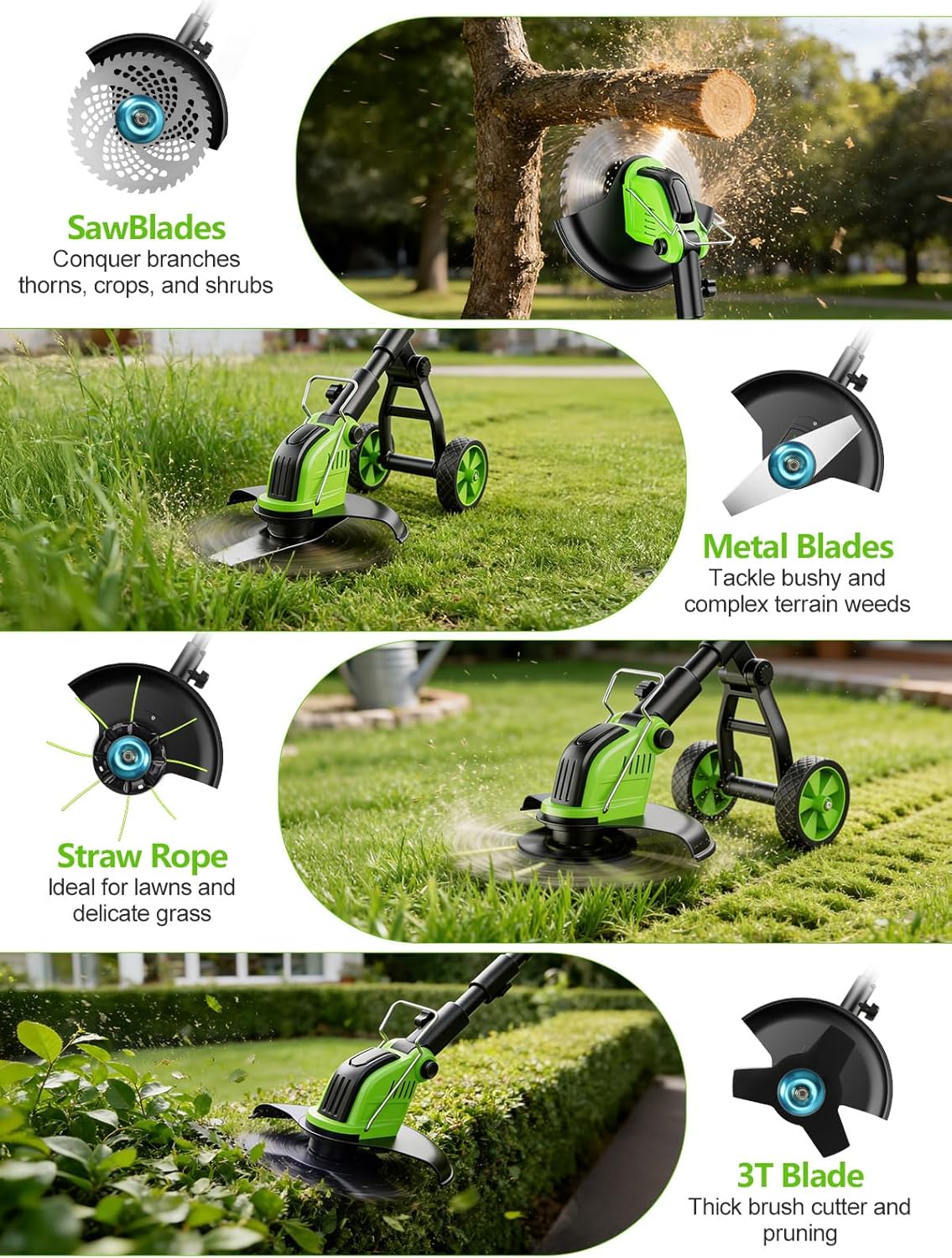 20,000RPM Cordless Electric Weed Wacker, 800W Brushless Weed Eater with Wheels, 12" 4-in-1 String Trimmer Lawn Edger Mini Lawn Mower Brush Cutter, Foldable, 21V, 2×4.0Ah Batteries Power Display