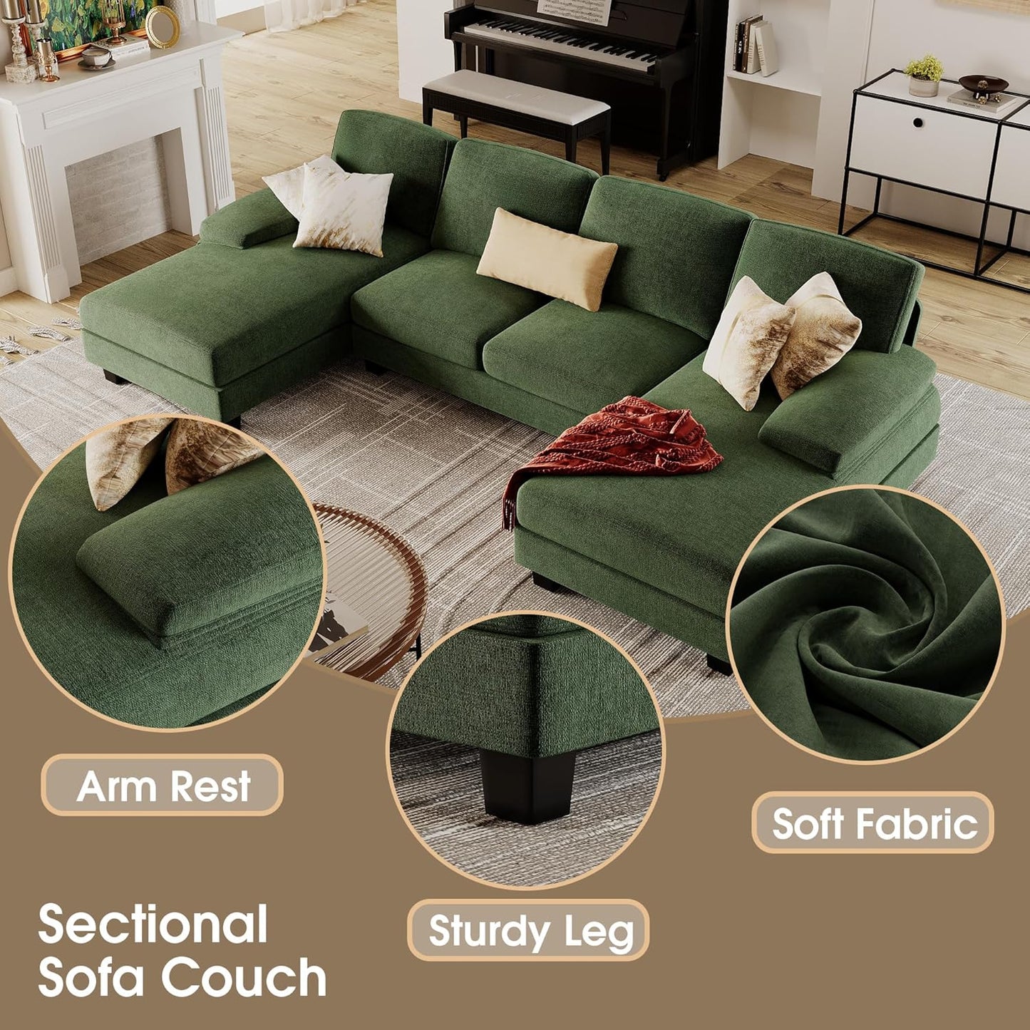 Furmax Sectional Couches for Living Room, U-Shaped Sofa Couch with Linen Fabric, 4 Seat Sofa Set with Double Chaise for Apartment (Chenille, Green)