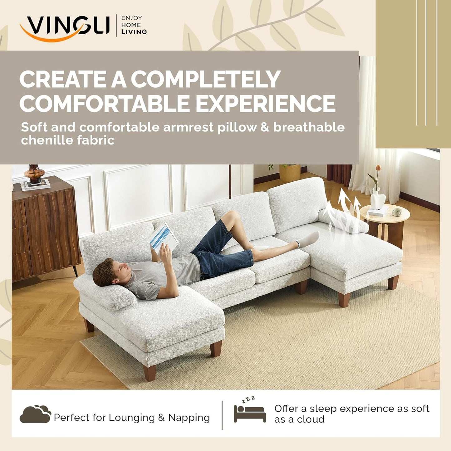 VINGLI 110' U-Shaped Sectional Couch with Two Chaise, Affordable Small Sofa with 4 Seats, Chenille Fabric Comfy Couches for Living Room, Beige