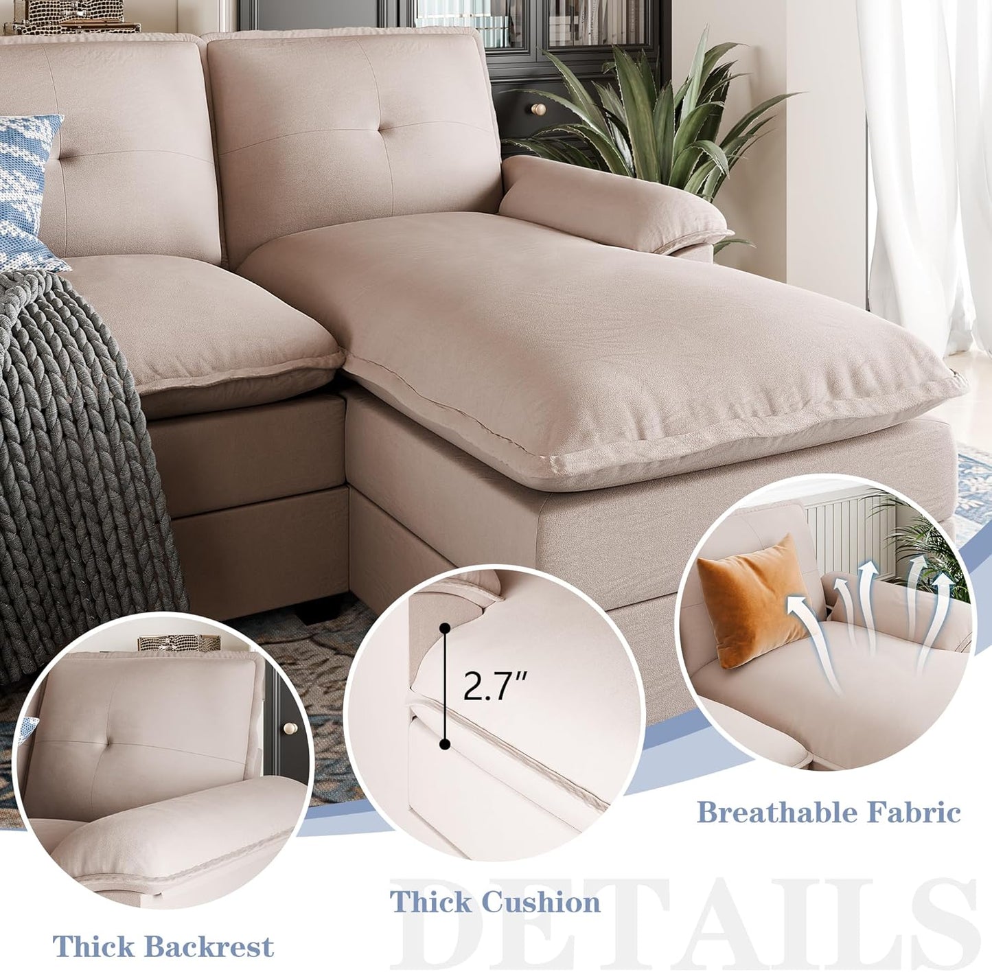110" Sectional Couches for Living Room,4 Seat U Shape Modular Couch with Thick Cushion & Soft Backrest,Upholstered Sofa Couch with Double Chaise,Beige