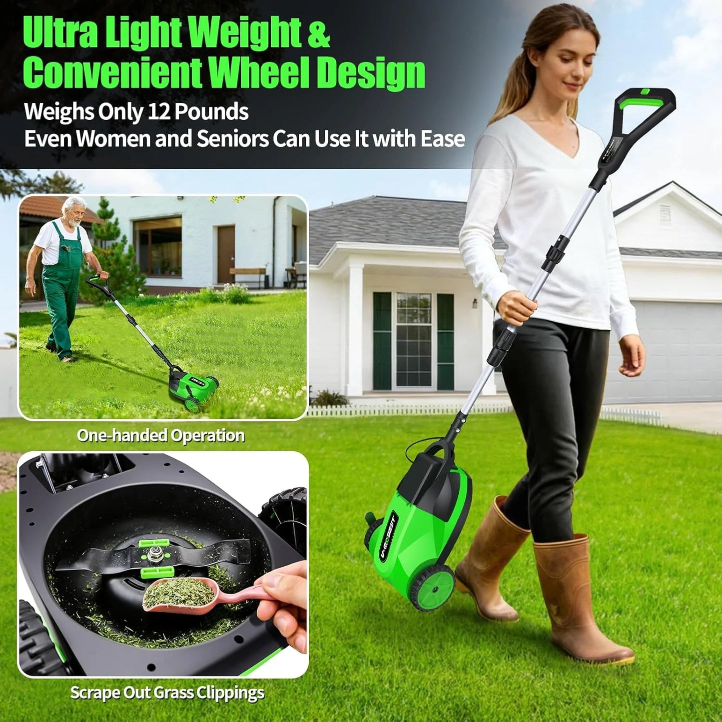 Cordless Lawn Mower, Electric Small Lawn Mower with 2 x 21V 4.0Ah Battery, Lightweight Mini Lawn Mower with Brushless Motor, 3 Cutting Heights, Garden Yard Lawn Care