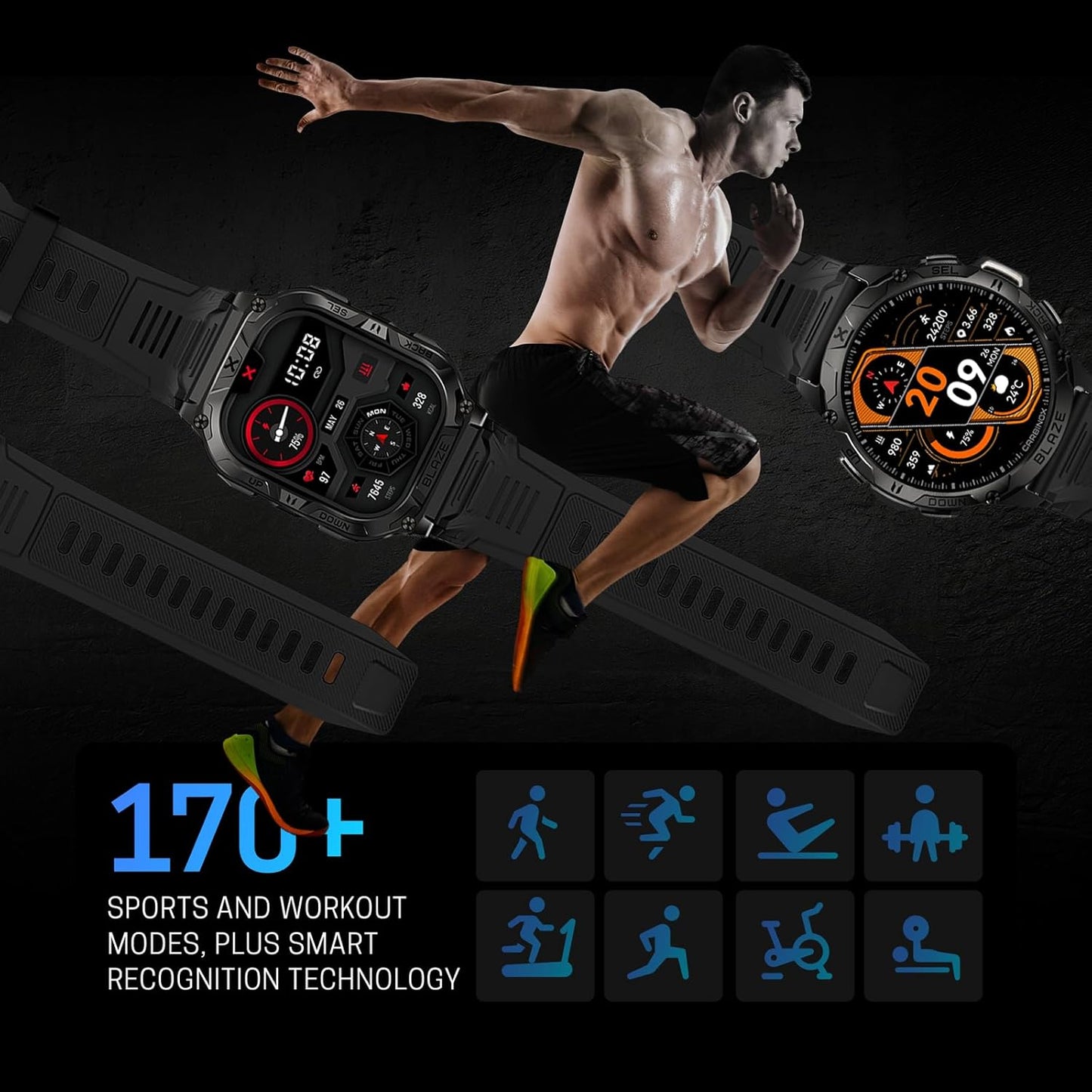 CARBINOX Blaze Smart Watch with GPS – Rugged Fitness Trackers, IP69K Waterproof, 170+ Sports Modes, Gorilla Glass, Make/Receive Calls, Android & iOS Compatible