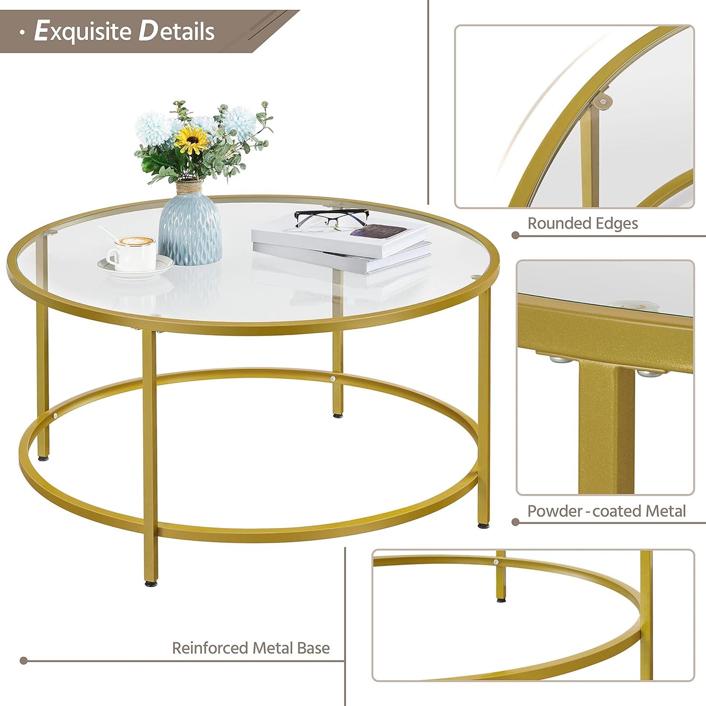 Yaheetech Coffee Table Set of 3, Round Coffee Table & 2pcs Accent End Table Easy Assembly w/Glass-Top Surface & Reinforced Frame for Living Room,Apartment,Small Space,Mustard Gold