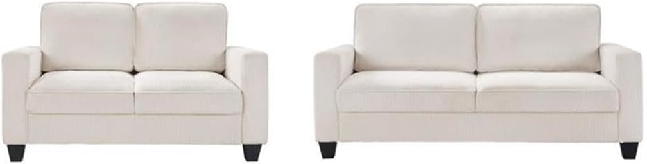 BOWERY HILL Transitional Set of 2 Corduroy Fabric Beige Sofa and Loveseat with Built-in USB Charging Port and Functional Side Pockets