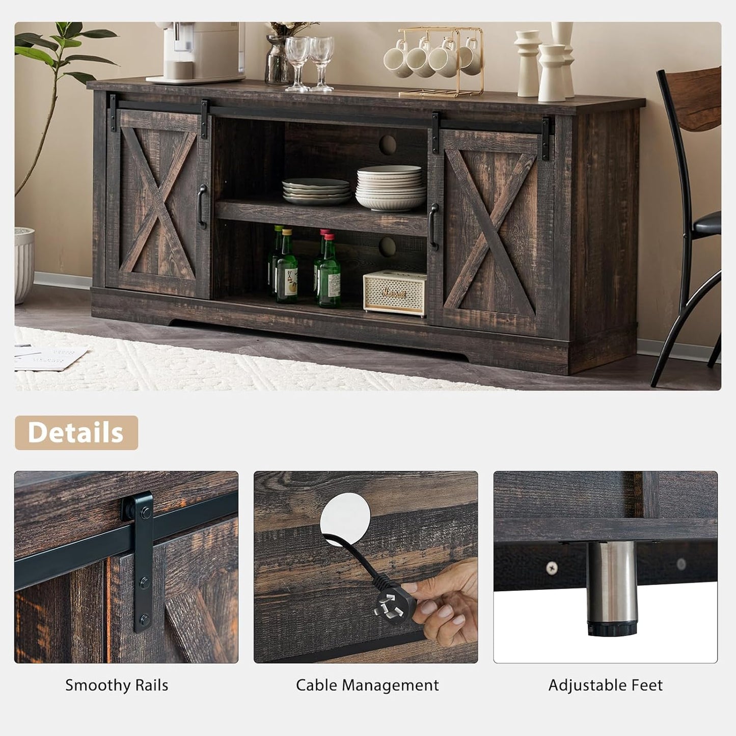 AMERLIFE 4-Piece Farmhouse Table Set Includes Sliding Barn Door TV Stand, Coffee Table& Two End Tables, Side Table with Charging Station and USB Ports, for Living Room, Dark Oak, 66"