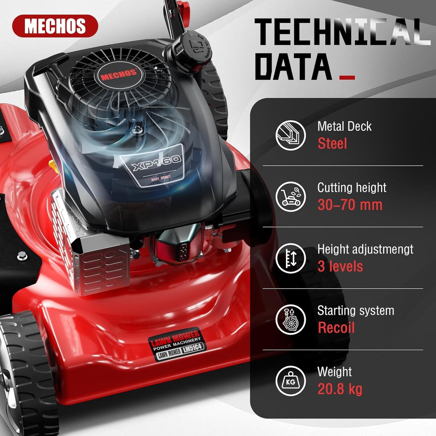 MECHOS 20'' 144cc 4-Cycle Engine 3-Position Cutting Height Adjustment 2-in-1 Gas Walk Behind Lawn Mower, Black, Hand Push