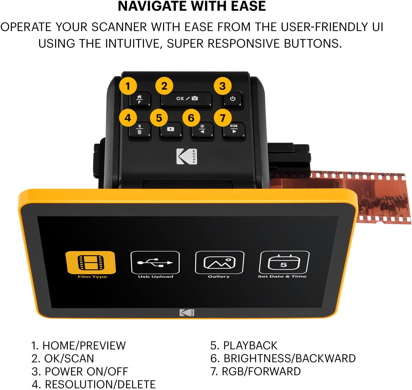 KODAK Slide N Scan Max Digital Film Scanner - Black/Yellow - Tiltable 7-Inch LCD with Gallery Mode & Photo Scanner Preview - Quick-Feed Tray for Slide Digitizer